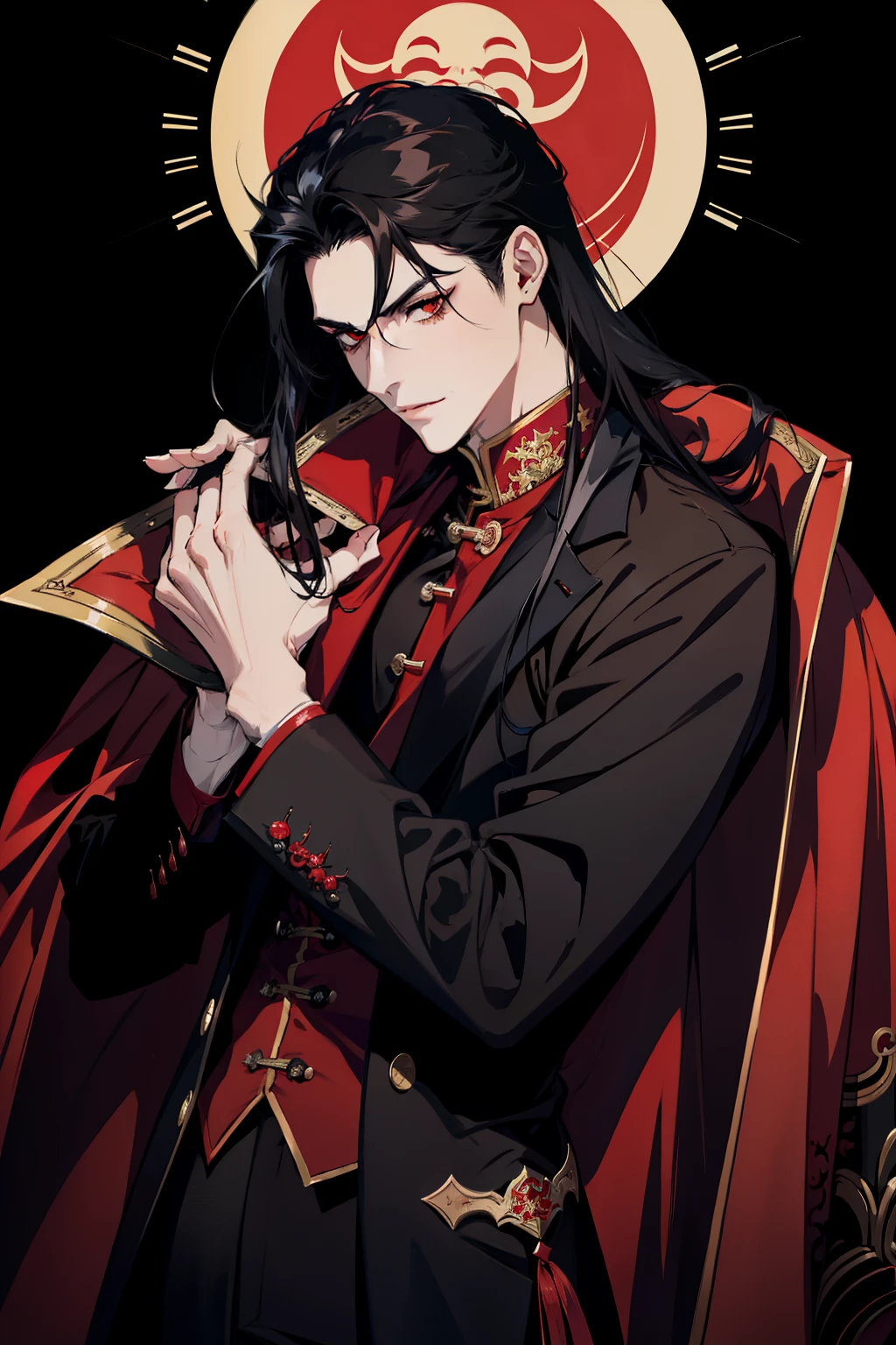 close up of a person in a red coat and black hair, alucard, full body xianxia, beautiful male god of death, vampire fashion, detailed anime character art, male vampire of clan banu haqim, full body black and red longcoat, l vampire, with his long black hair, androgynous vampire