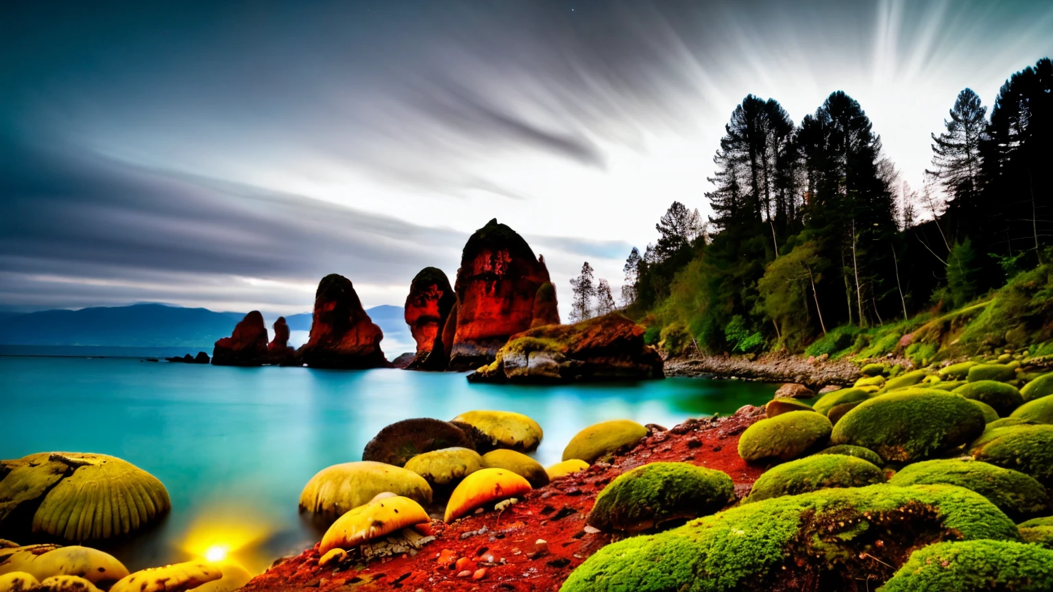 there are many lights on the rocks near the water, magical colors and atmosphere, magical landscape, glowing mushrooms, epic dreamlike fantasy landscape, giant fluorescent fungi, glowing blue mushrooms in mire, magical colors and atmosphere, impressive fantasy landscape, bioluminescent mushrooms, epic and stunning, magical environment, giant mushrooms, alien waterfall, glowing blue mushrooms