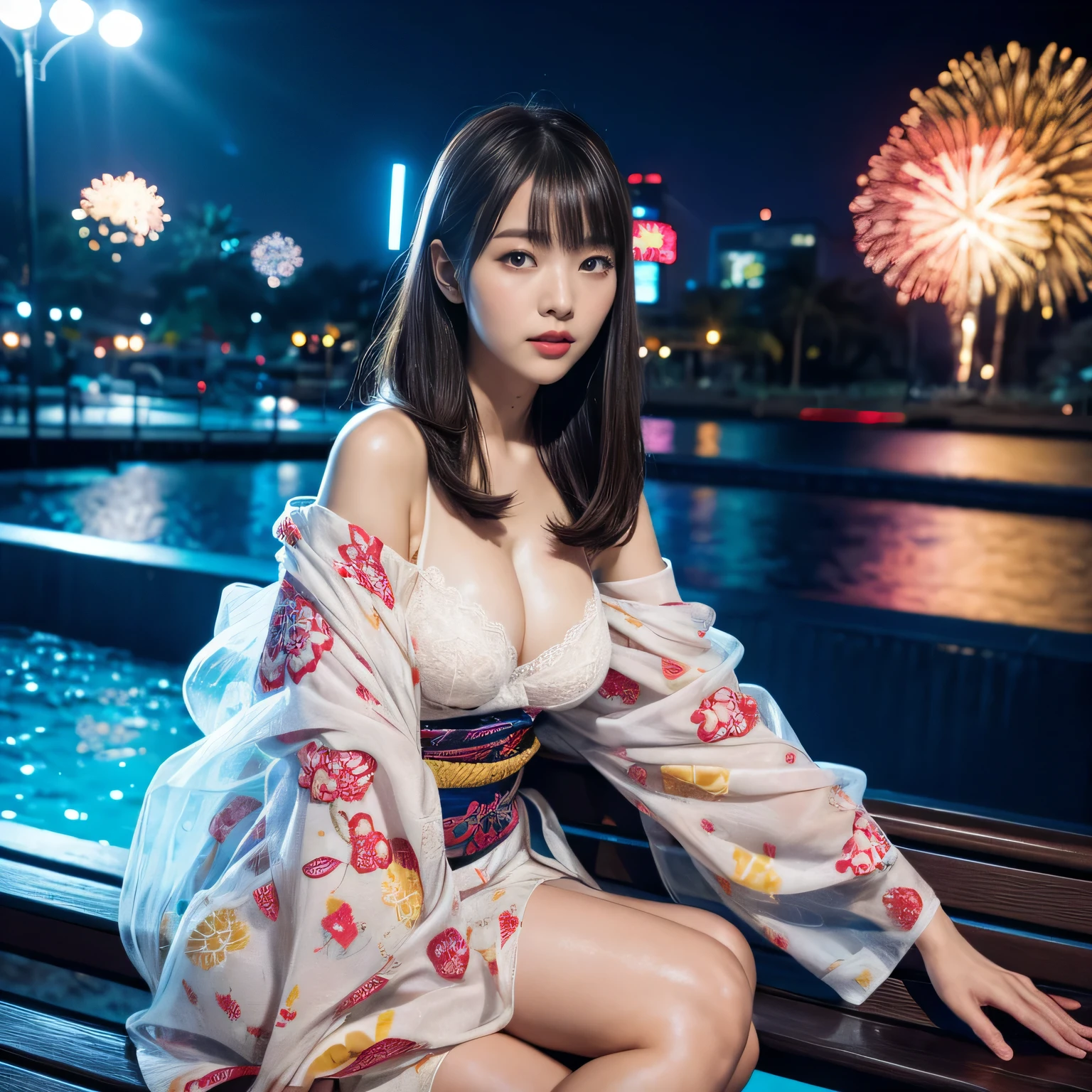 full body portrait, 8K quality, live action, real human touch, realistic skin texture, natural skin, night、Young Japanese woman sitting on a bench in front of a huge aquarium, high resolution face, big breasts, sexy bra, very shiny skin, Strong brilliance, Glittering reflective bench, long black smooth straight hair, bangs, lick her lips, Fireworks are reflected in the aquarium and bench. , A short octopus-print kimono with a lace veil covering the head, one shoulder, cinematic lighting, shallow depth of field