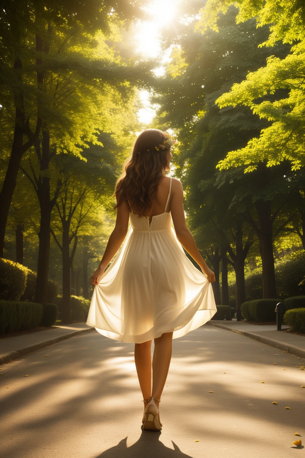 A beautiful girl strolls down the street, basking in the warm sunlight that filters through the canopy of leaves from the tall trees lining the sidewalk. The sunlight casting dappled patterns on her fair complexion as she passes by the towering buildings with large glass windows reflecting the vibrant hues of the scene. The girl's long, golden curls cascade down her shoulders, framing her delicate features and accentuating her radiant smile. She wears a simple yet elegant sundress, the hem of which flutters gently in the breeze. In her hands, she cradles a bouquet of wildflowers plucked from the nearby gardens, their petals a riot