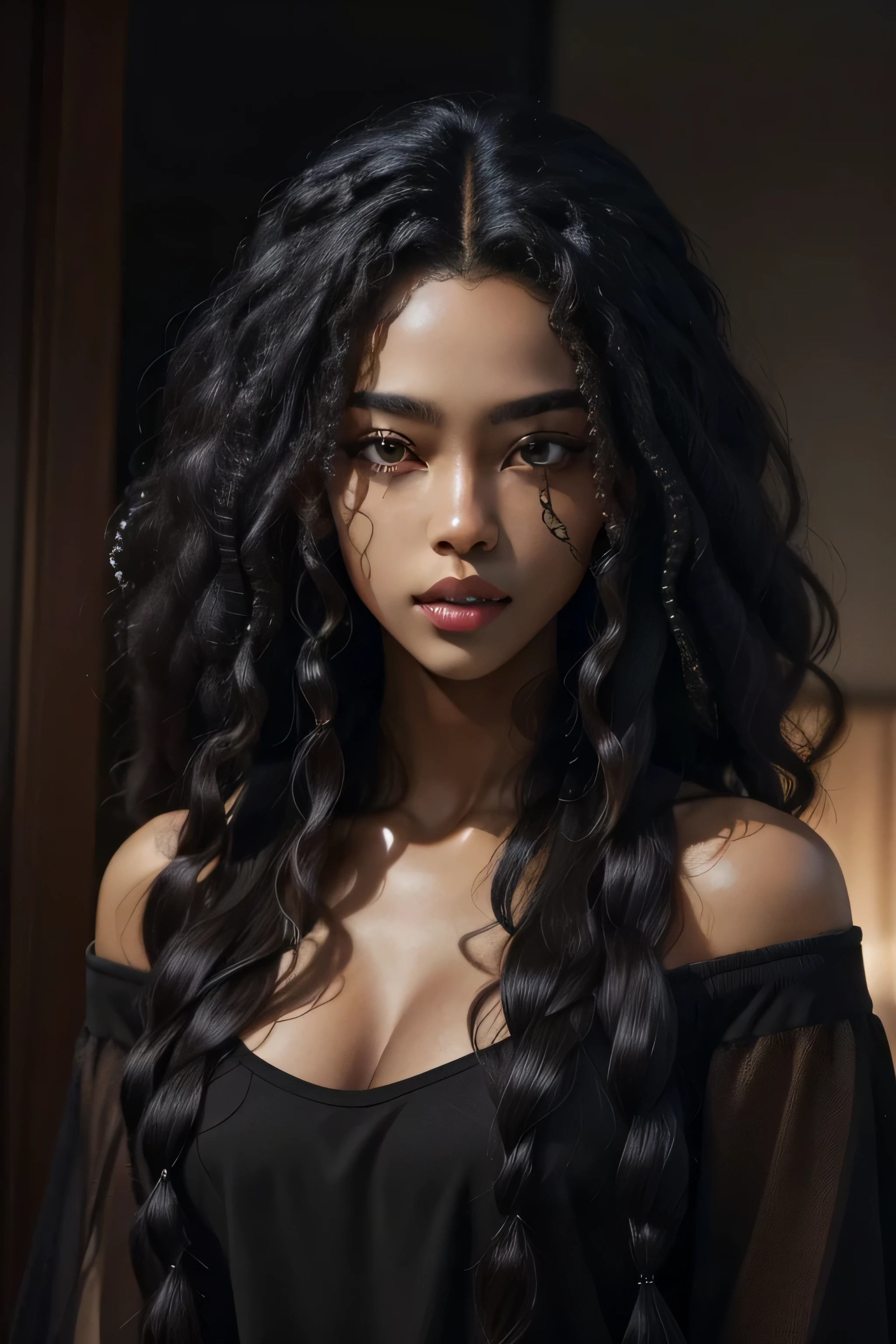 ((21-year-old))) black girl, (((light skin))), (((close-up full body pose))), (((long wavy black hair))), (((silk thigh highs))), (((wearing steampunk clothing, short sleeve white shirt, unbuttoned half way))), african tribal tattoo sleeve, dark fantasy art, Rich, Deep Colours, (intricate details:0.9), (HDR, hyper-detailing:1.2), (natural skin textures, hyper realisitc, soft light, Sharp),