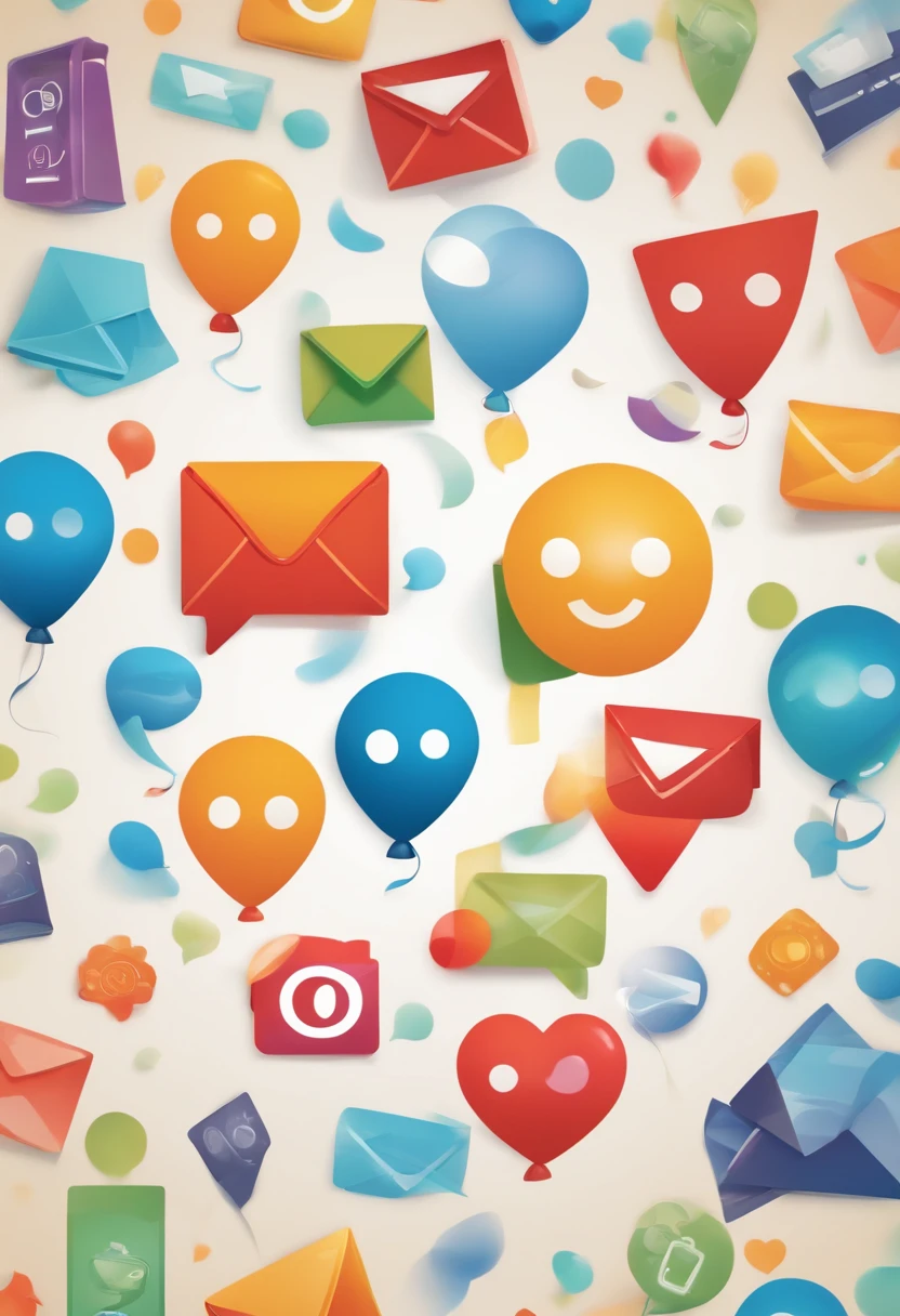Na imagem, there are symbols representing different forms of communication, como um telefone, um envelope de e-mail, um megafone para marketing , a chat bubble of chat conversations, um globo que simboliza a internet, entre outros. The background is colorful and vibrant to attract attention. Estilo pixar 2300*3000px