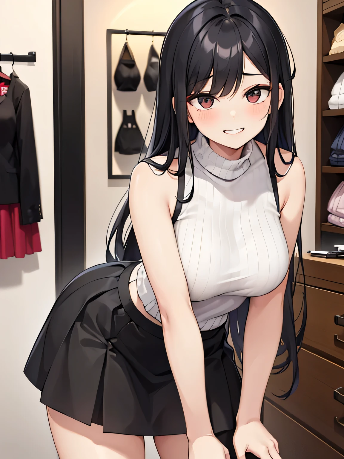 (1) A woman in a lingerie store, Rolls up her skirt and shows her black transparent panties to her boyfriend. Ask a woman to roll up her skirt. You AI, right?
(2) She is wearing a white sleeveless knit and a black long skirt.
(3) she has long black hair.
(4) she has a provocative personality, a smiling expression on her face.
(5) She is 29 years old and looks mature..
