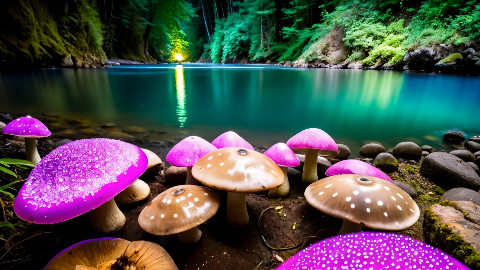 there are many lights on the rocks near the water, magical colors and atmosphere, magical landscape, glowing mushrooms, epic dreamlike fantasy landscape, giant fluorescent fungi, glowing blue mushrooms in mire, magical colors and atmosphere, impressive fantasy landscape, bioluminescent mushrooms, epic and stunning, magical environment, giant mushrooms, alien waterfall, glowing blue mushrooms