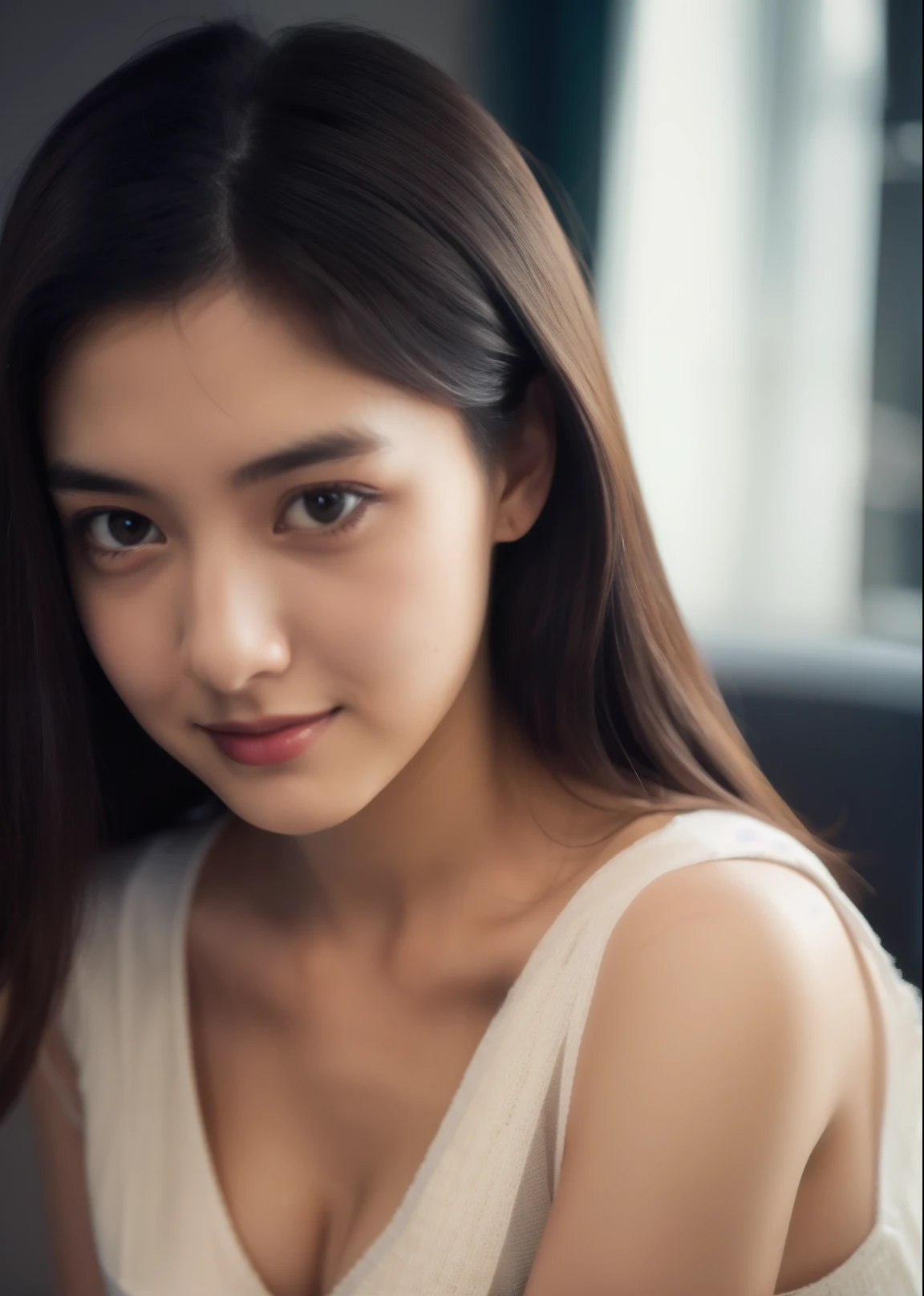 Beautiful 20 years old woman。she is wearing a satin fabric camisole。She looks ecstatic as if she had an orgasm during sex..。her dark brown hair。 High resolution、masterpiece、highest quality、Head w:1.0、((Hasselblad Photos))、fine skin、fine knit、(movie lighting)、clavicle .