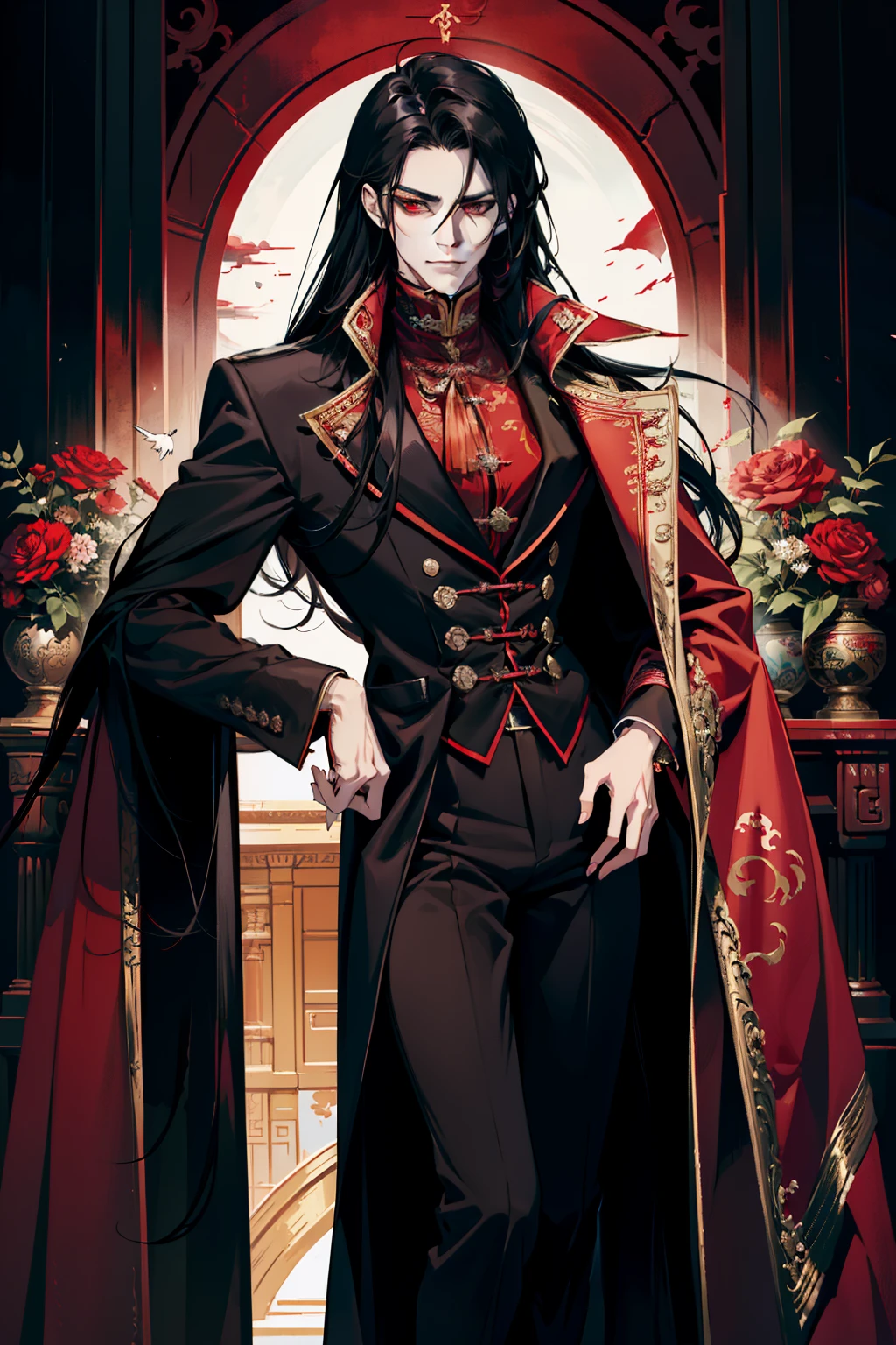 close up of a person in a red coat and black hair, alucard, full body xianxia, beautiful male god of death, vampire fashion, detailed anime character art, male vampire of clan banu haqim, full body black and red longcoat, l vampire, with his long black hair, androgynous vampire