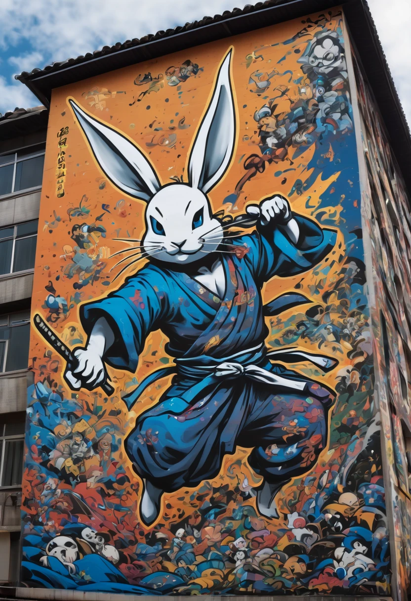 (masterpiece, best quality), magical Graffiti Comics, on a big building, Usagi Yojimbo, ultra detail, wide shot,