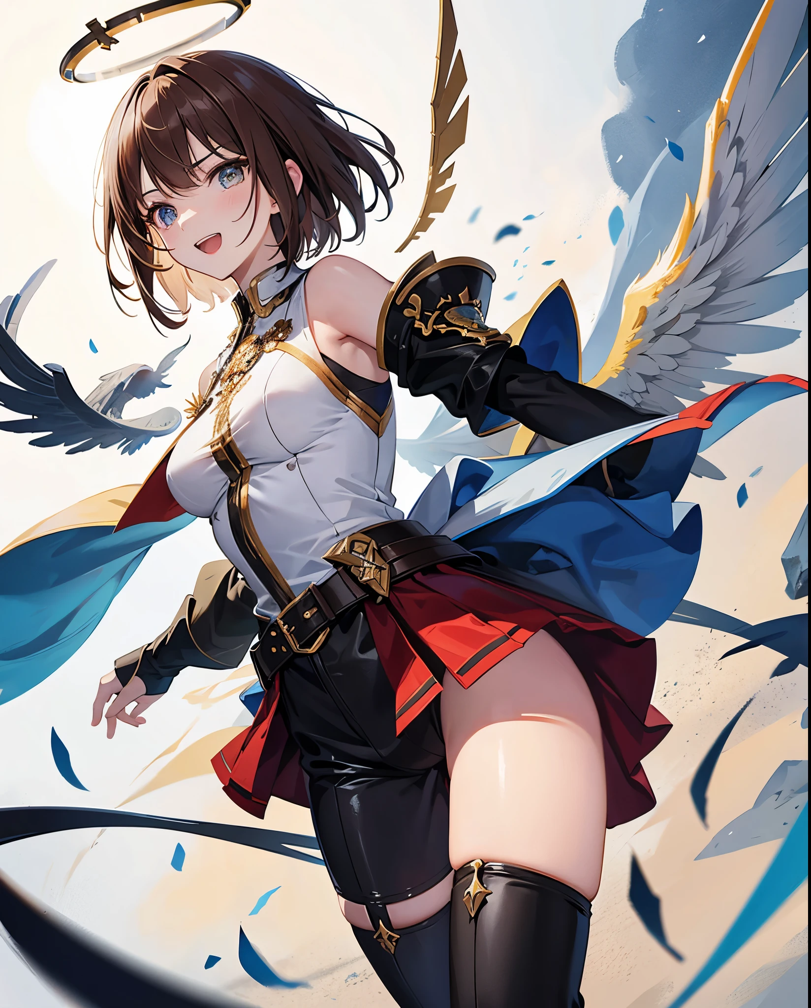 fantasy, 1angel_girl,, ,brown_hair, medium_bob_hair, long_bangs, halo,bare_shoulder,thighhighs,silver_armor, waist_armor, large_breasts,angry,grinning,open_mouth_teeth, 1pair_wings, dynamic_pose_fighting,floating, bare_crotch, headgear,gauntlet, greaves,city_sky_background,slightly_spread_legs, solo, groin_naked,