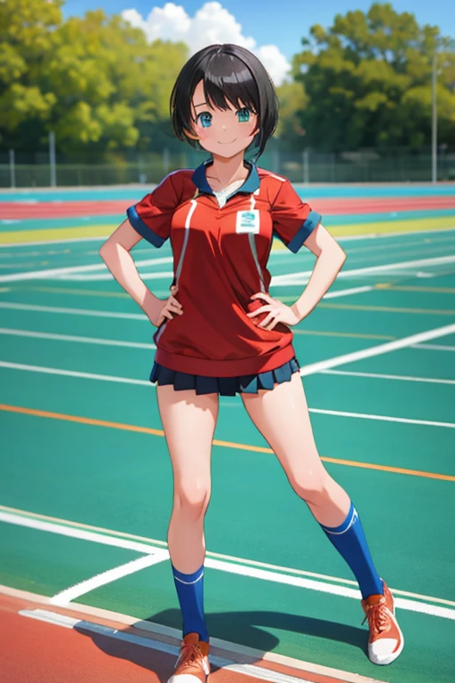 1girl,best quality,master piece,black hair,tanlines girl,track and field uniform,smile,full body,