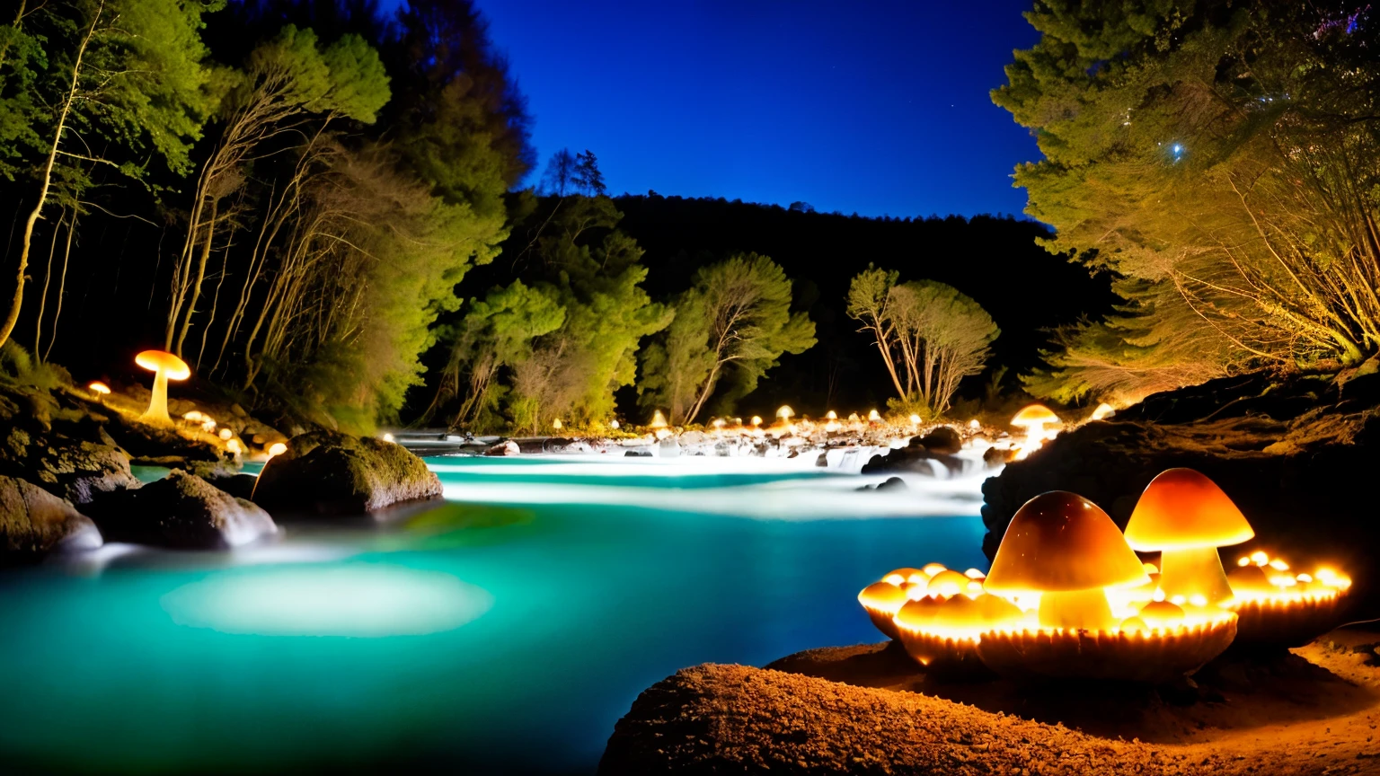 there are many lights on the rocks near the water, magical colors and atmosphere, magical landscape, glowing mushrooms, epic dreamlike fantasy landscape, giant fluorescent fungi, glowing blue mushrooms in mire, magical colors and atmosphere, impressive fantasy landscape, bioluminescent mushrooms, epic and stunning, magical environment, giant mushrooms, alien waterfall, glowing blue mushrooms