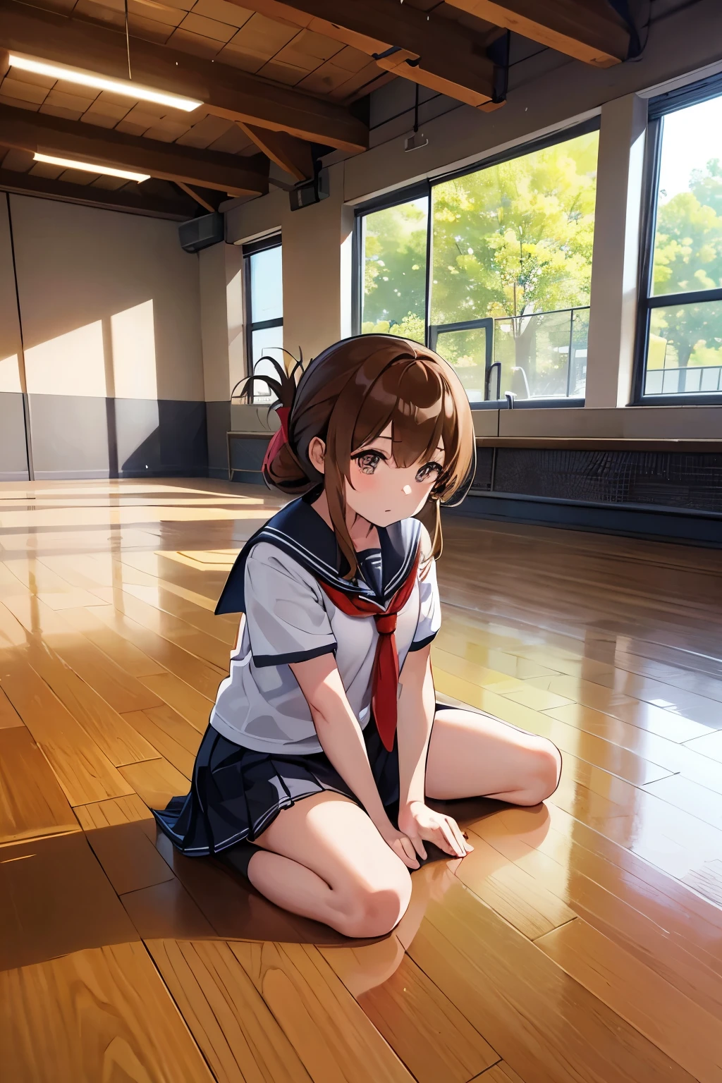 I am observing a class in the school gymnasium holding my knees because I am not feeling well.(masterpiece, best quality:1.2),illustration,8k,hd,1girl,solo,upper body,(portrait:1.2),brown_hair,folded_ponytail,brown_eyes,serafuku,long_hair,school_uniform,skirt,pleated_skirt,