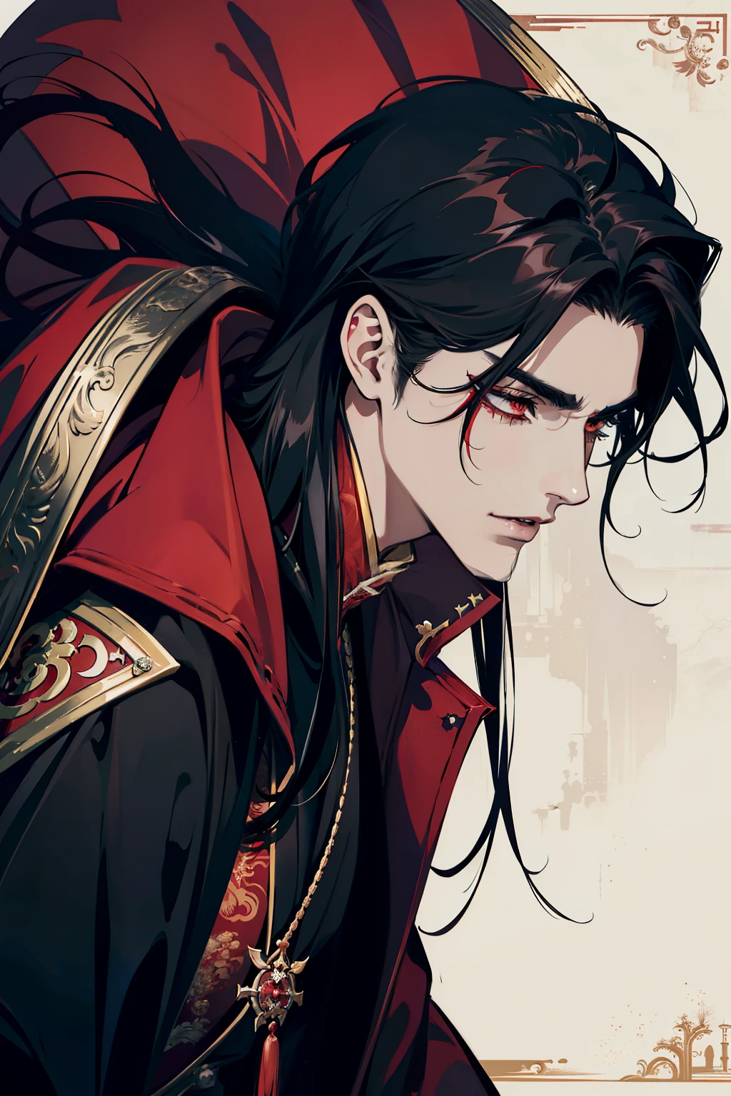 close up of a person in a red coat and black hair, alucard, full body xianxia, beautiful male god of death, vampire fashion, detailed anime character art, male vampire of clan banu haqim, full body black and red longcoat, l vampire, with his long black hair, androgynous vampire