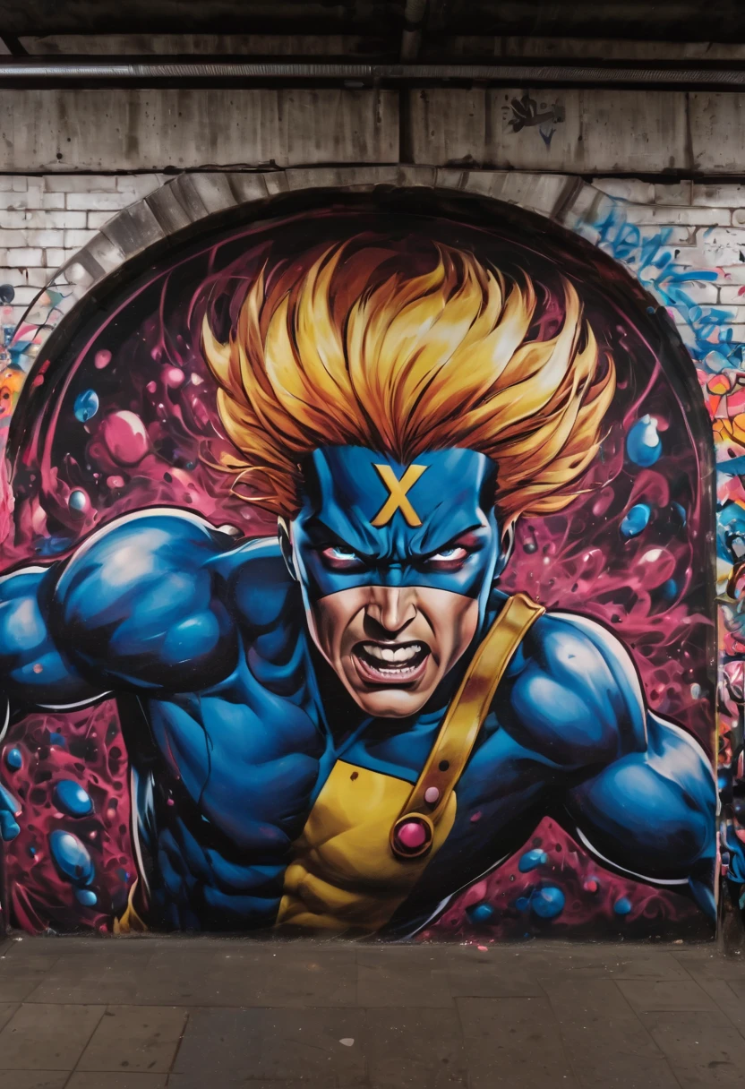 (masterpiece, best quality), magical Graffiti Comics, on a big building, X-Men, ultra detail,