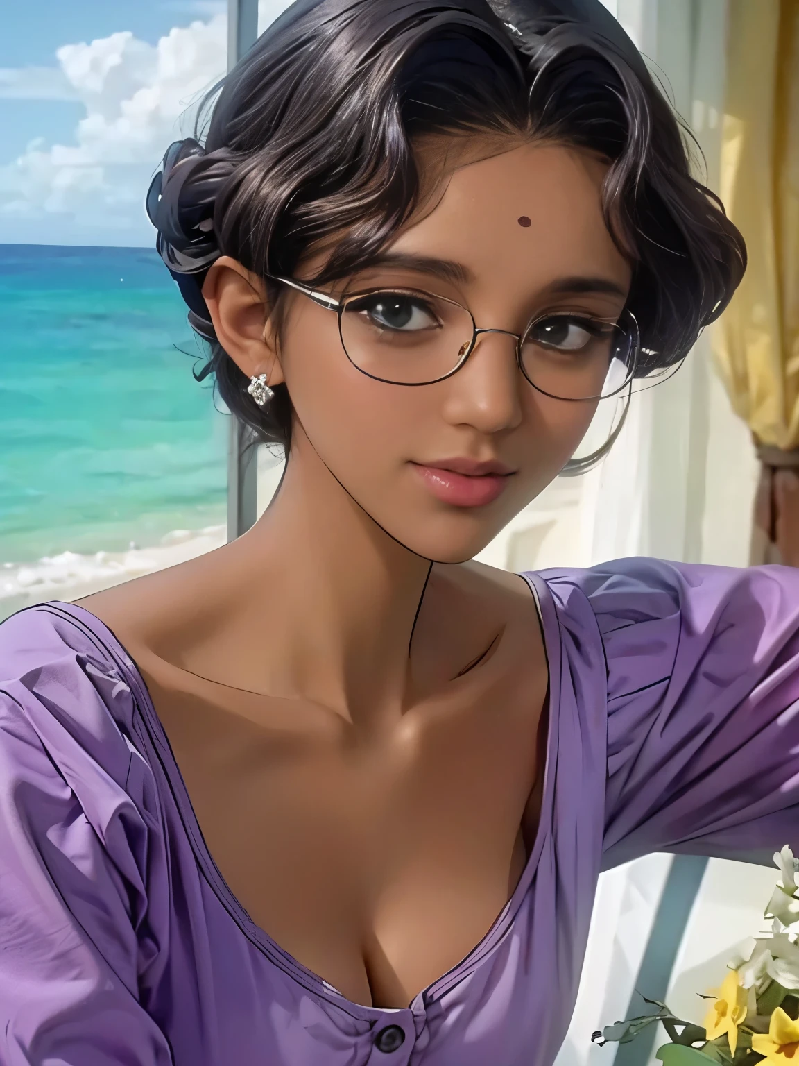 (masterpiece, best quality:1.2),short hair，Exquisite hair color，One-piece sweater，glowing skin，dark skin，wear glasses，earrings，pastel tones，huge ，Too much，big and droopy，big ditty big ， ，pastel tones）））， （（best quality））， （（intricate details））， （（surreal））