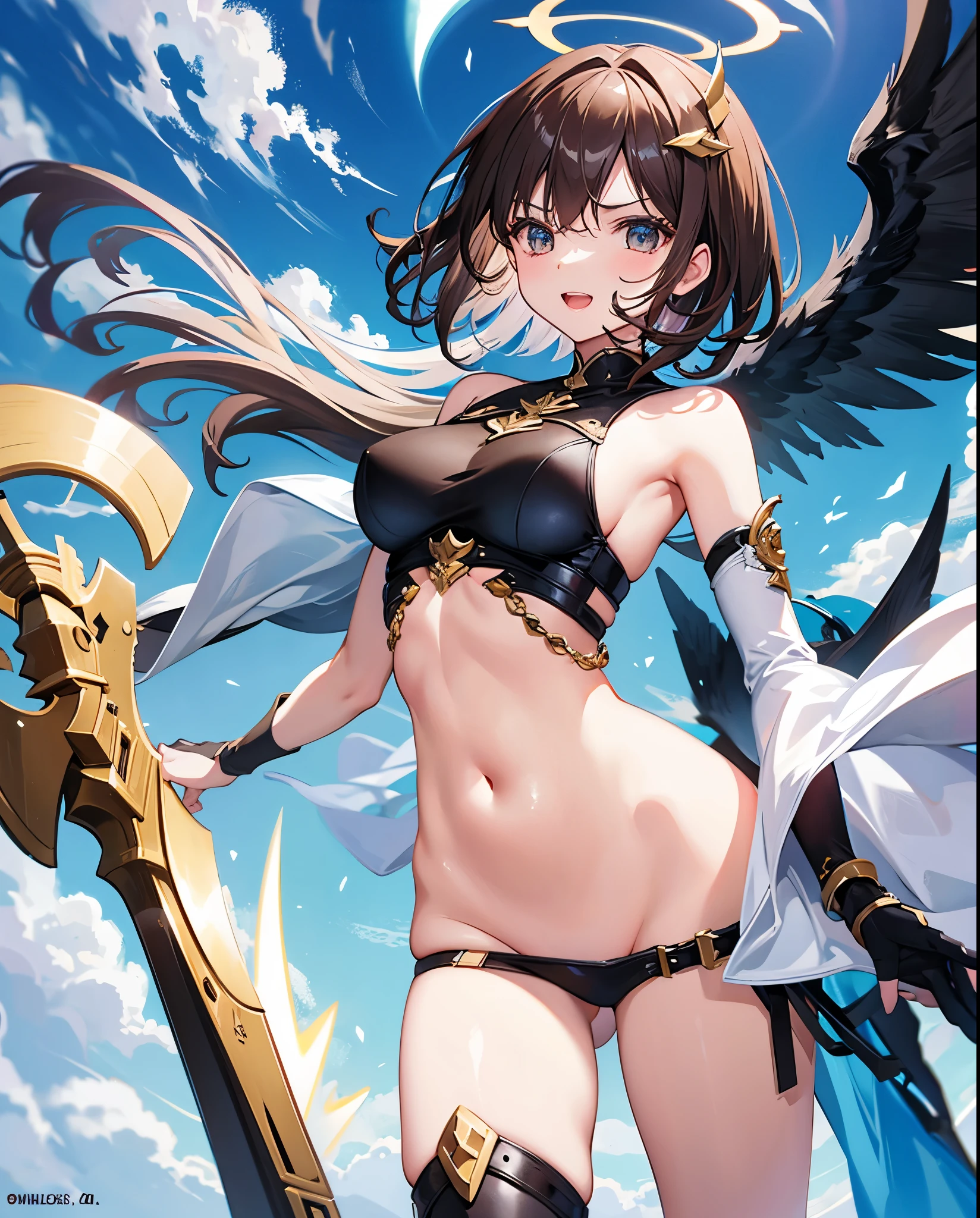 fantasy, 1angel_girl,, ,brown_hair, medium_bob_hair, long_bangs, halo,bare_shoulder,thighhighs,silver_armor, waist_armor, large_breasts,angry,grinning,open_mouth_teeth, 1pair_wings, dynamic_pose_fighting,floating, bare_crotch, headgear,gauntlet, greaves,city_sky_background,slightly_spread_legs, solo, groin_naked,