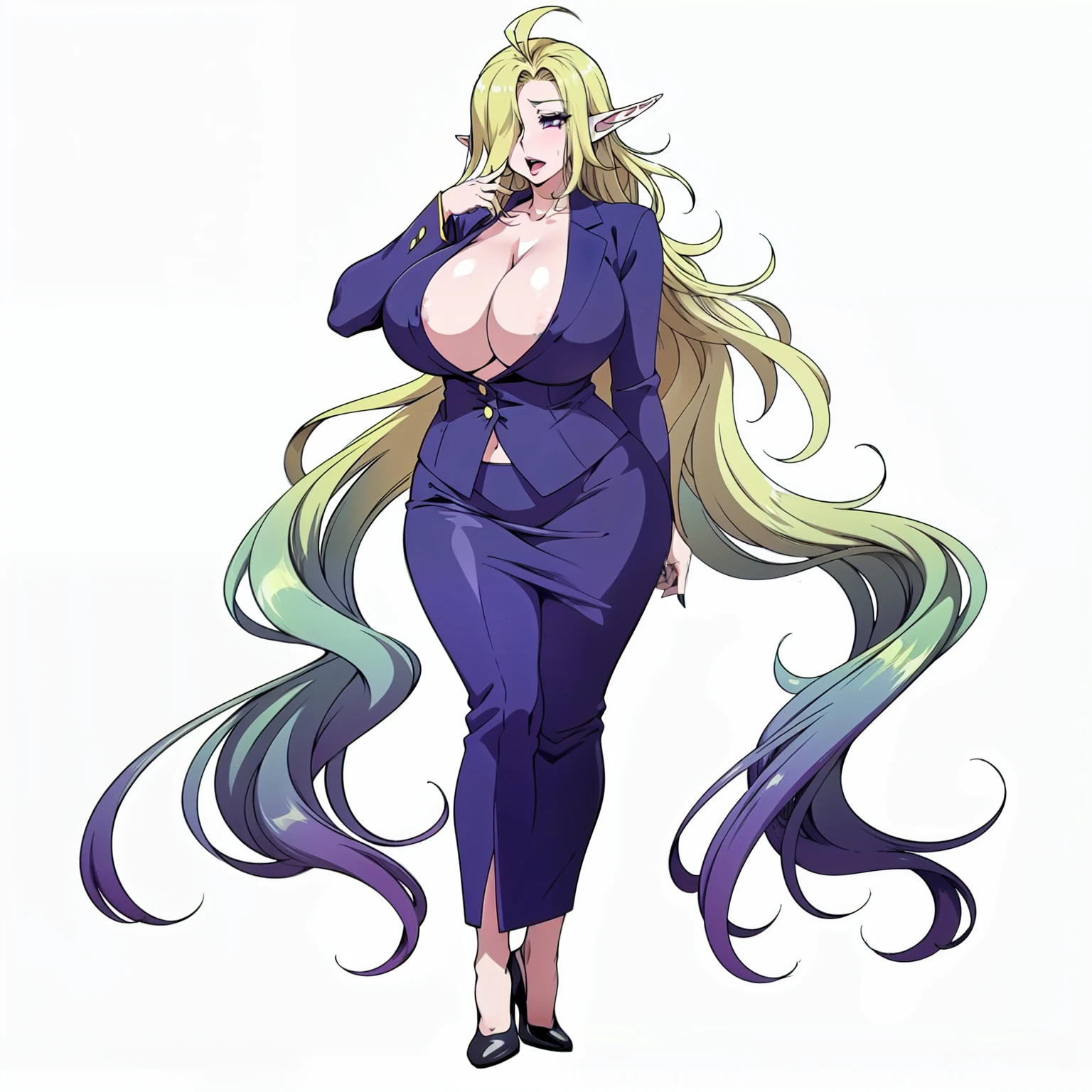 anime_screencap, 1fw.stentrem,(((hot mature mom age))), elf, very long hair, gradient hair, very curvy, ahegao face,  Bewitching body, hyperrealistic, huge natural Hitomi Tanaka breasts, breasts are very far apart  ,has a bra, in a very formal outfit safe for viewing, small cleavage, location is fully white space, no background only white color , fully white background behind character , png, full body can be seen in image