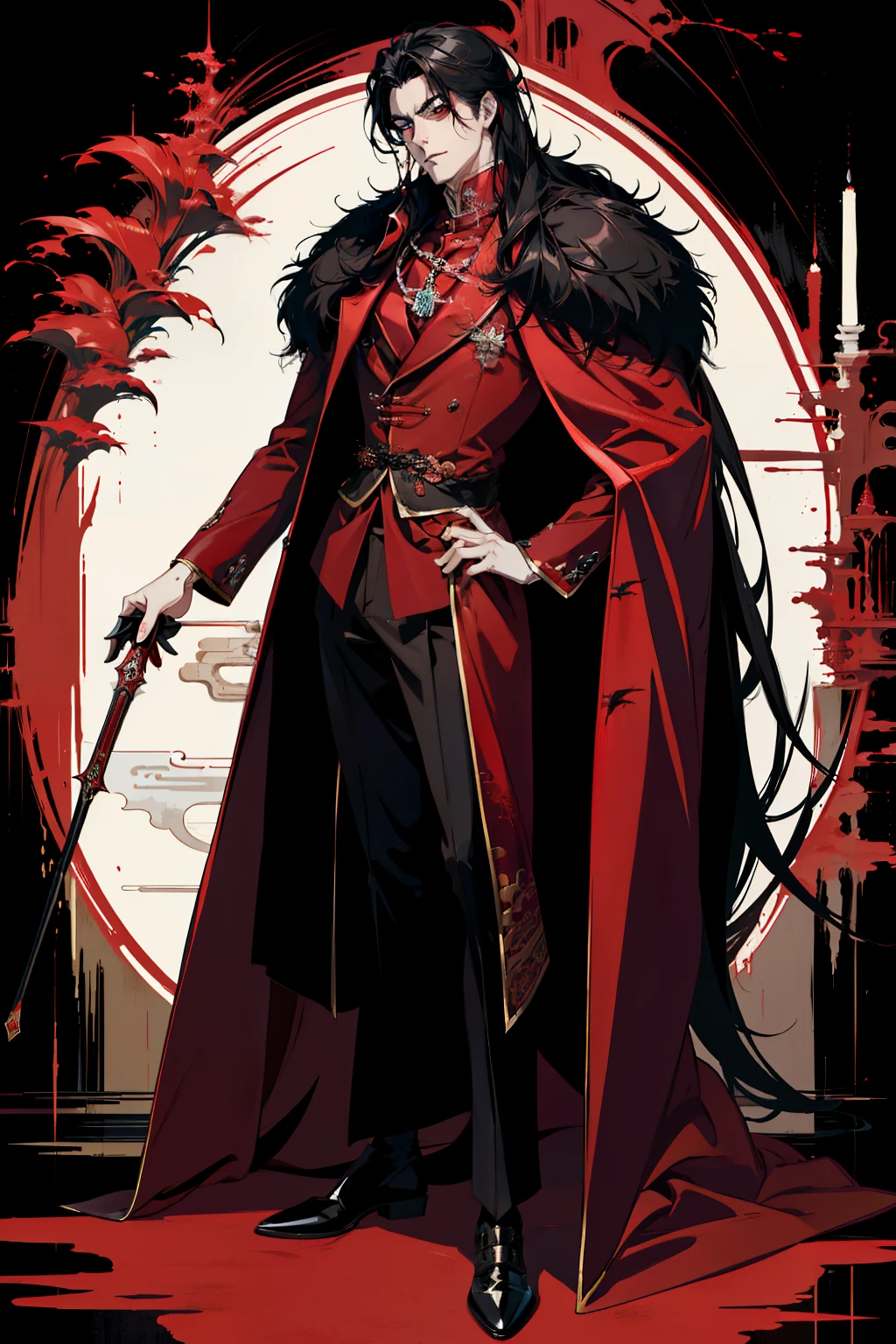 close up of a person in a red coat and black hair, alucard, full body xianxia, beautiful male god of death, vampire fashion, detailed anime character art, male vampire of clan banu haqim, full body black and red longcoat, l vampire, with his long black hair, androgynous vampire