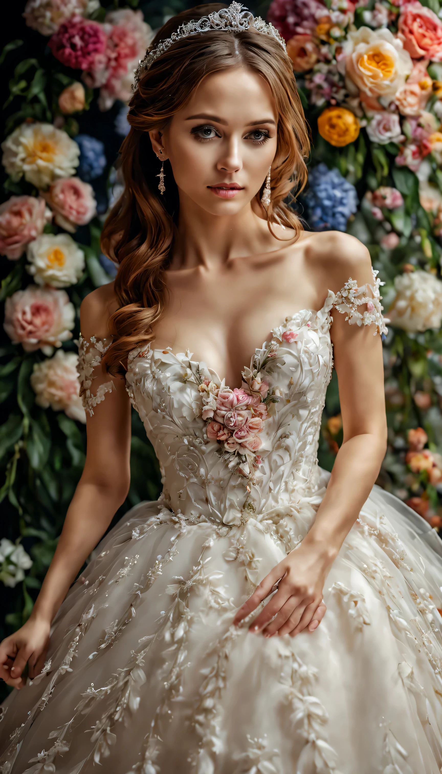 Beautiful girl in wedding dress,delicate face,Colorful wedding dress,dream,Beautiful wedding dress,flowers in background,masterpiece,extremely high resolution,Detail enhancement