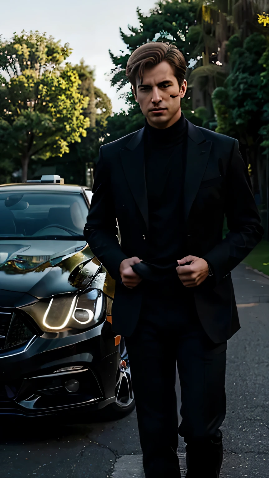 A young millionaire, dinheiro novo, apresentando seu carro de luxo para a capa de um e-book, giving off Andrew Tate vibes. The scene is captured from afar., adding an element of intrigue and mystique to the composition. Com detalhes ultra-realistas, every contour of the car and every expression on the millionaire's face are vividly portrayed, atraindo o espectador para a narrativa. The vastness of the surroundings emphasizes the grandeur of the moment, echoing Tate's philosophy of mastery and success. Fotografado por Steve McCurry com uma Nikon D850 e uma lente telefoto, The lighting is natural, casting long shadows that enhance the dramatic effect. --v 5 --q 2 VIVID COLORS