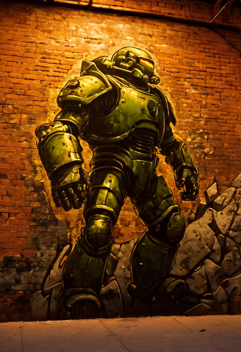 High Resolution, High Quality, Masterpiece. Street art. Graffiti. Fallout 3 inspired graffiti sprawling across a massive brick wall, Fighter in power armor against Radscorpion. street art teeming with hyperrealistic details, dramatic chiaroscuro lighting bathes the scene, showcasing the winner of Upfest and Nuart, octane render, 32k resolution, trending on ArtStation, photorealistic concept artistry, soft natural volumetric cinematic lighting, Fighter in power armor against Radscorpion. Hyperdetalization. Hyperrealism. Dramatic light. Upfest and Nuart member