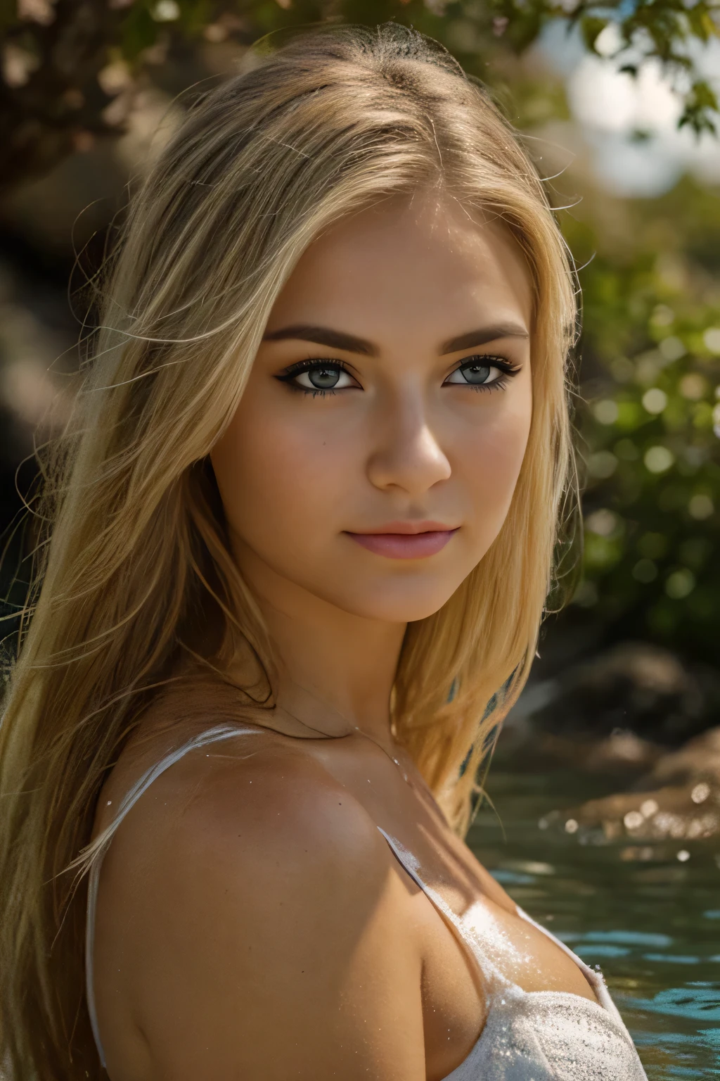 a medium shot of an ultra hot gorgeous woman, a blonde Instagram model, wearing a micro bikini, with a seductive look, smirking, smiling face, happy. flirting with camera, closeup, she ´s on her all fours facing the camera with almost all of her exposed. Outside on a Caribbean beach. ((Summer Starry night)). Masterpiece, UHD.