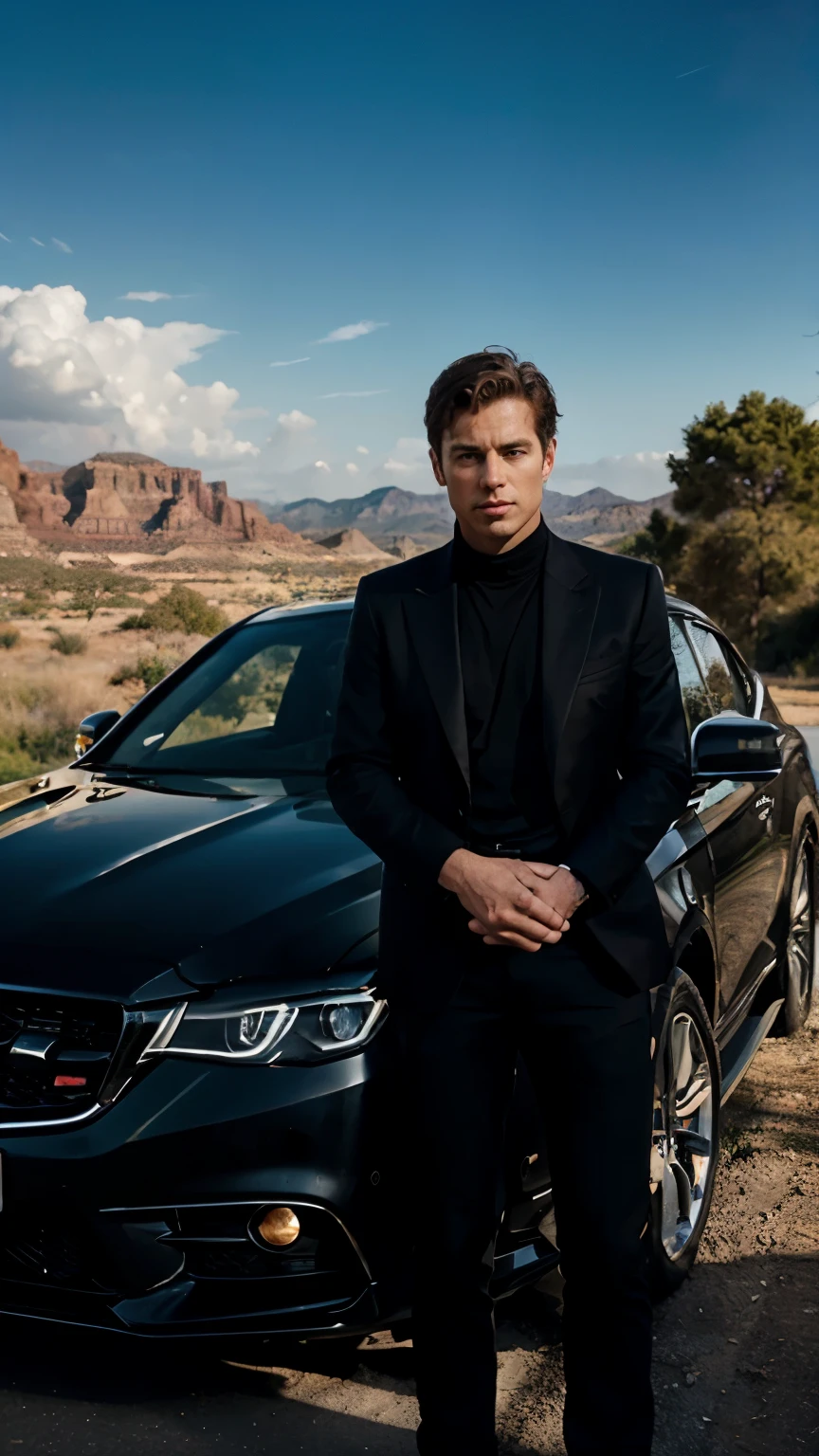 A young millionaire, new money, showcasing his luxury car for an ebook cover, emanating Andrew Tate vibes. The scene is captured from a far distance, adding an element of intrigue and mystique to the composition. With ultra-realistic detail, every contour of the car and every expression on the millionaire's face is vividly portrayed, drawing the viewer into the narrative. The vastness of the surroundings emphasizes the grandeur of the moment, echoing Tate's philosophy of dominance and success. Photographed by Steve McCurry with a Nikon D850 and a telephoto lens, the lighting is natural, casting long shadows that enhance the dramatic effect. --v 5 --q 2 VIVID COLORS