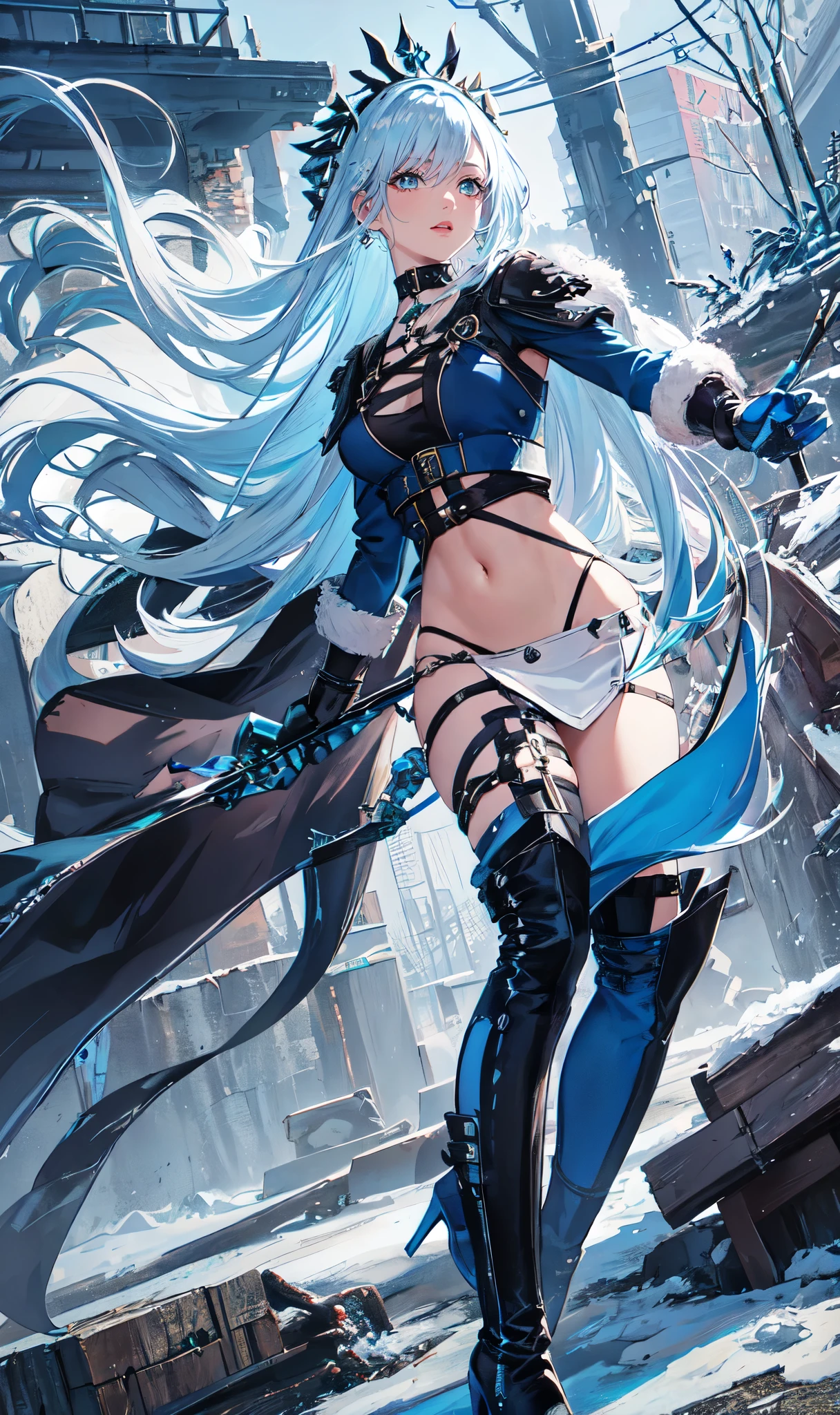 Abandoned winter industrial town background,(pure white straight hair:2.0),(blue cu rlhair end:2.0)issue card,Standing close-up,dream world,scars on face,(Slender blue phoenix eyes,pink lipstick,long eyelashes),Gloves,Short sword,choker,(Assassin's Tight Combat Suit,Torn and worn midriff-baring combat uniform,Leather miniskirt,leg rings,belt:2.0),fur tube top(choker),Over-the-knee high-heeled boots,strappy high heel boots,There are many straps on the legs,Detailed drawn background