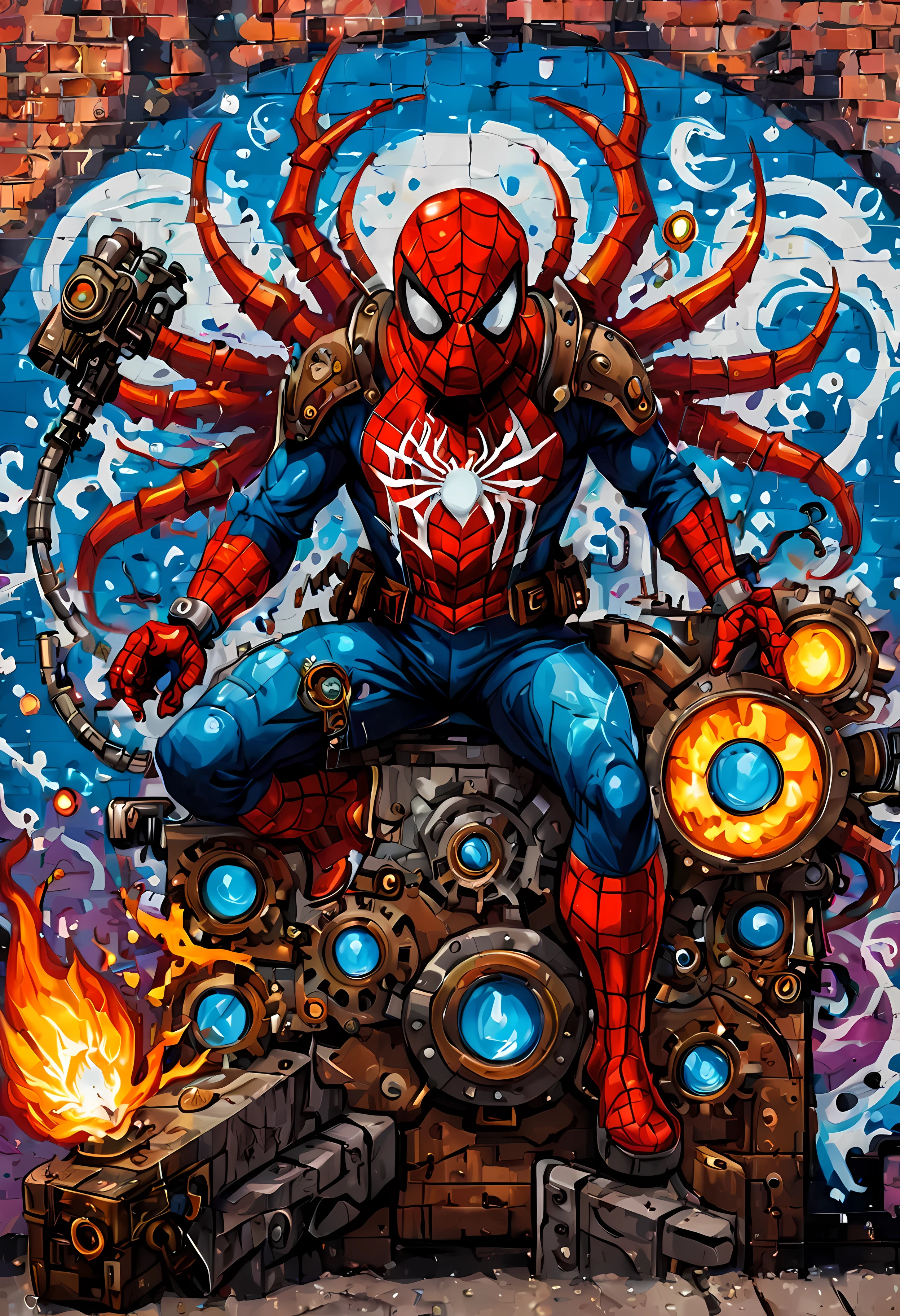 (pixel art:1.4), made of elemental_graffiti, design a mesmerizing ((((wall graffiti)))) featuring heroic Spider-Man in a dynamic pose, (steampunk fantasy style:1.3), whimsical machinery, gears, steam, bold and vibrant colors, romantic night sky, magic, intricate details, symbols, abstract, realism, sharp focus, masterpiece in maximum 16K resolution, sharp details, elemental art, graffiti art. | ((More_Detail))
