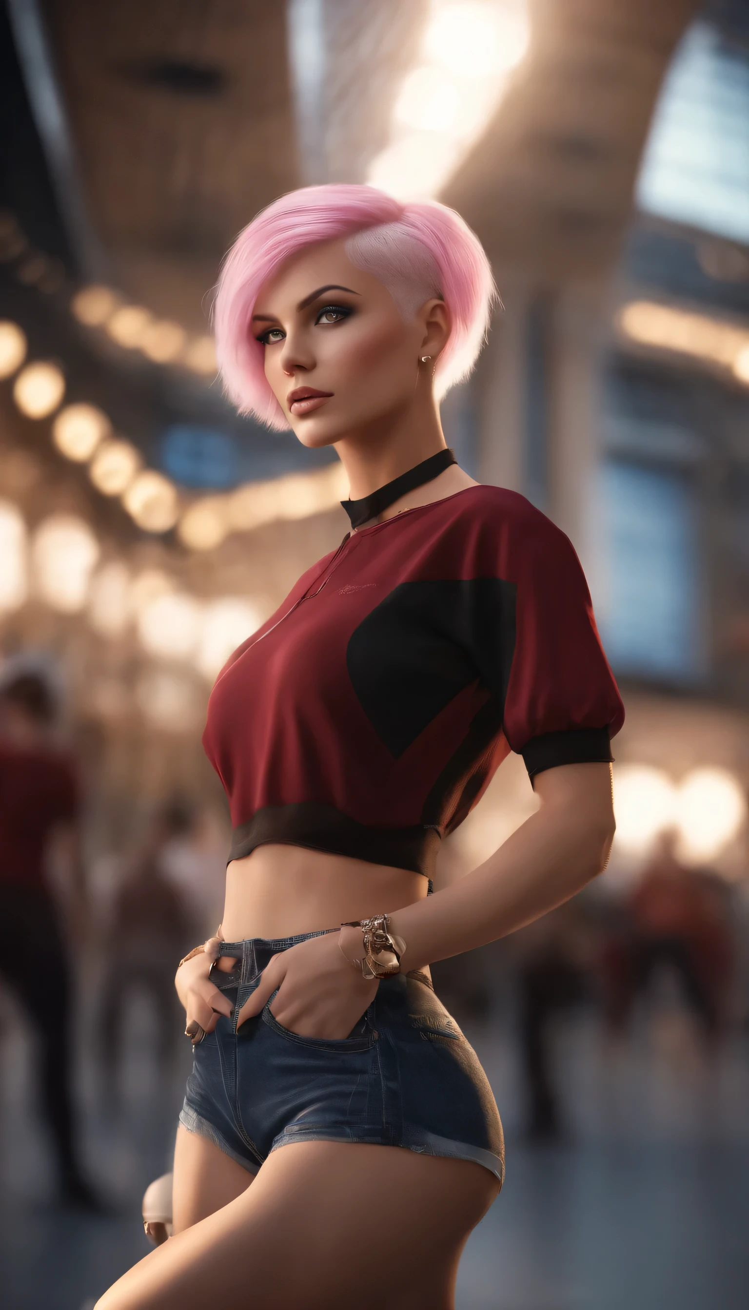 gorgeous woman with short pink  hair, detailed alluring eyes, long sexy legs, wearing tiny shorts, red crop top t-shirt, in a mall parking, ((detailed facial features)), (finely detailed skin), pale skin, realistic skin texture, extreme skin details, (pores:0.1), in the background beautiful futuristic cyberpunk city, best quality masterpiece, photorealistic, hyperrealistic, detailed, 8k, HDR, (Soft color: 1.2), shallow depth of field, broad light, high contrast, backlighting, bloom, light sparkles, chromatic aberration, sharp focus, RAW color photo, without background blur