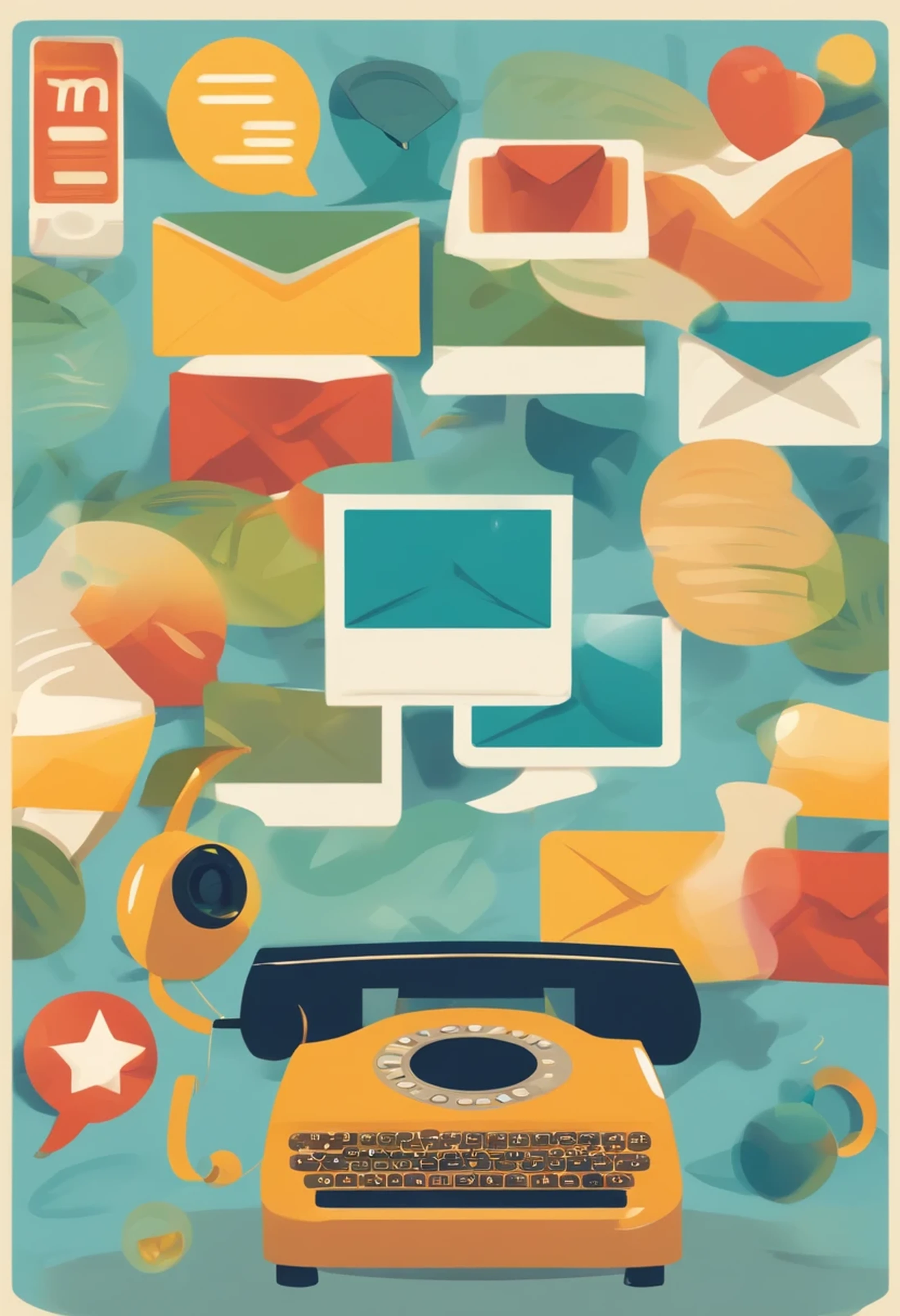 Na imagem, there are symbols that represent different forms of communication, como um telefone, um envelope de e-mail, um megafone para marketing , a chat bubble with chat conversations, um globo que simboliza a internet, entre outros. The background is colorful and vibrant to attract attention. Estilo pixar 2300*3000 px