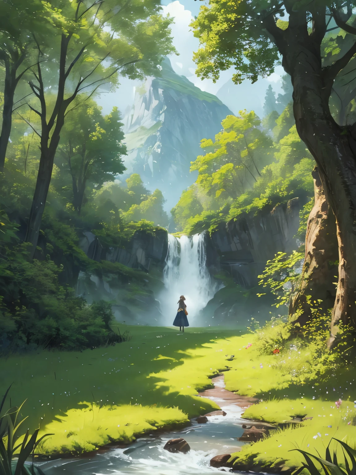 In a green meadow stands a girl leading a group of knights.
BREAK
With a brave expression, she guides them towards their destination.
BREAK
Behind her, a green forest stretches out and beyond that, mountains rise in the distance.
BREAK
The most suitable effect for this scene would be a watercolor painting technique to capture the softness of the meadow and the fluidity of the movement.