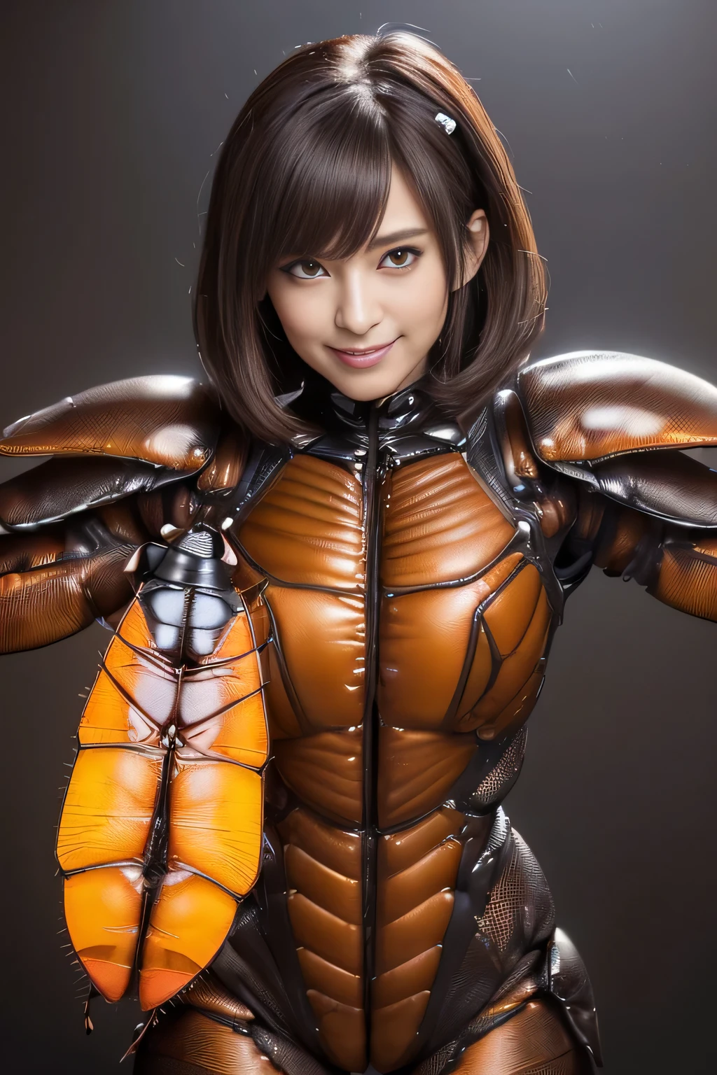 (High resolution,masterpiece,highest quality,Very detailed CG, anime, official art:1.4), realistic, photograph, amazing detail, everything is complicated, shiny and glossy,Amazing number of layers, 8K wallpaper, 3D, sketch, cute, figure,( alone:1.4), perfect female proportions,villain's daughter, (Fusion of dark brown cockroach and lady:1.4), (brown cockroach woman:1.2), (brown cockroach woman:1.2), (Fusion:1.2), (alone:1.4), (evil smile:1.2), muscular, abs, (Cockroach brown exoskeleton bio insect suit:1.4), (Cockroach brown exoskeleton bio insect armor:1.2), (brown transparent cockroach feathers:1.4), (Antennae of brown cockroaches:1.3),