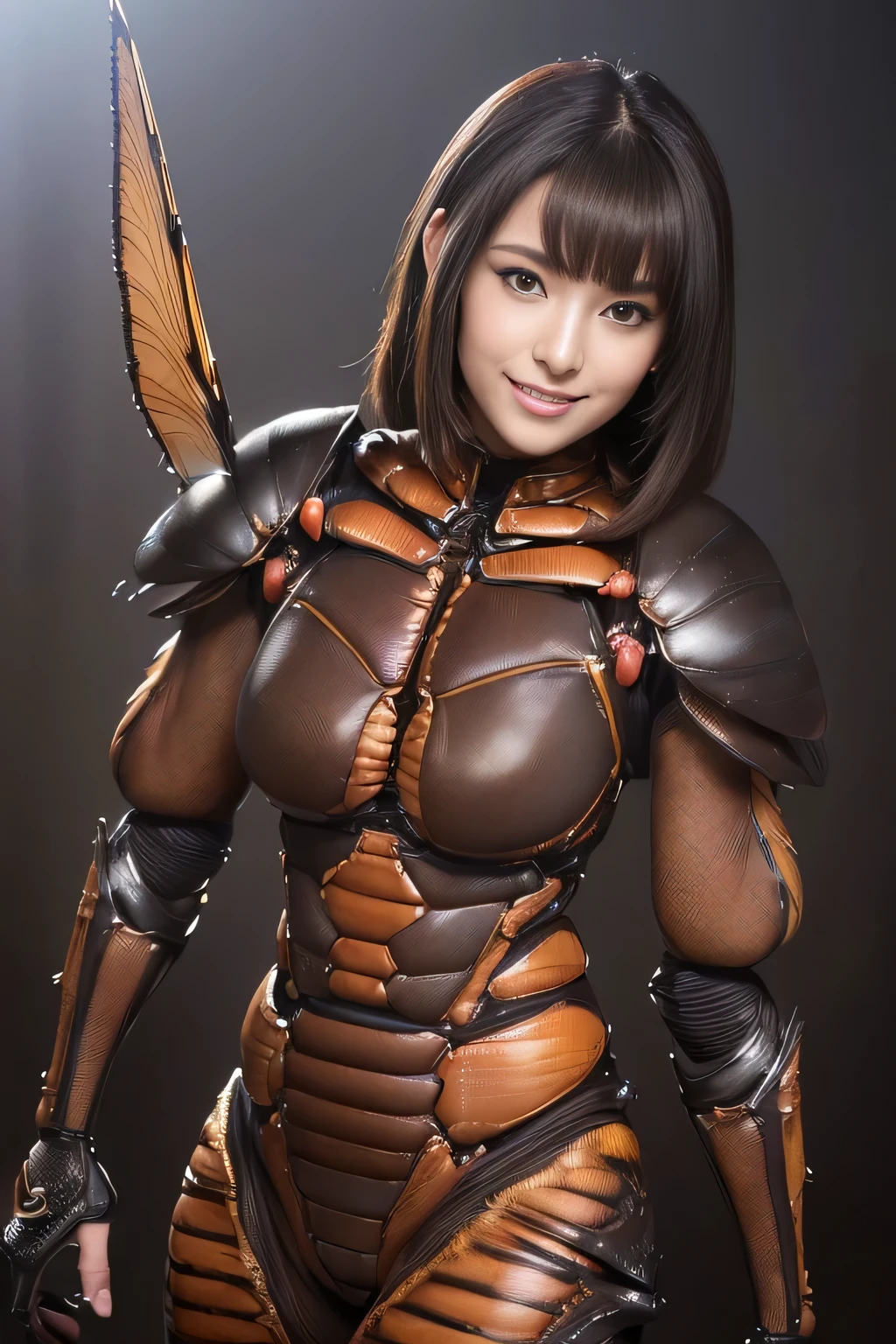 (High resolution,masterpiece,highest quality,Very detailed CG, anime, official art:1.4), realistic, photograph, amazing detail, everything is complicated, shiny and glossy,Amazing number of layers, 8K wallpaper, 3D, sketch, cute, figure,( alone:1.4), perfect female proportions,villain's daughter, (Fusion of dark brown cockroach and lady:1.4), (brown cockroach woman:1.2), (brown cockroach woman:1.2), (Fusion:1.2), (alone:1.4), (evil smile:1.2), muscular, abs, (Cockroach brown exoskeleton bio insect suit:1.4), (Cockroach brown exoskeleton bio insect armor:1.2), (brown transparent cockroach feathers:1.4), (Antennae of brown cockroaches:1.3),