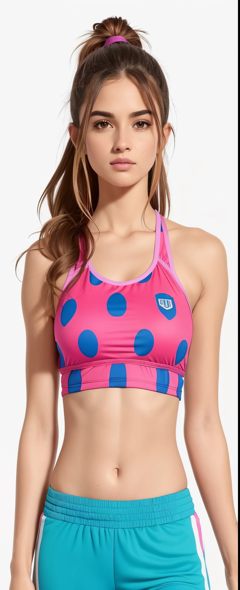 um close de uma mulher com uma blusa rosa e azul e shorts azuis, sport bra, sports bra and shirt, Esportes bem, Roupas esportivas fofas, corte superior, sports bra and shorts, detailed Esportes bem, hot top rosa, graphic print, training bra, topo de colheita, halter top, top rosa, barriga, two piece workout clothes, splendid