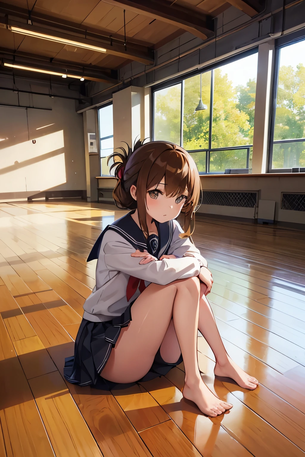 I am observing a class in the school gymnasium holding my knees because I am not feeling well.(masterpiece, best quality:1.2),illustration,8k,hd,1girl,solo,upper body,(portrait:1.2),brown_hair,folded_ponytail,brown_eyes,serafuku,long_hair,school_uniform,skirt,pleated_skirt,