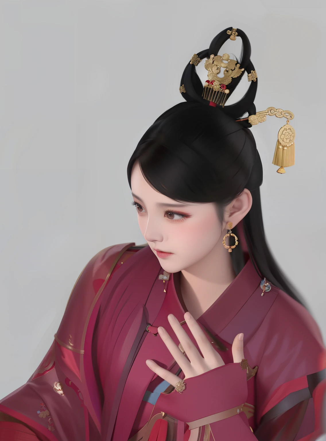 wearing red shirt、Alafid woman wearing black hair piece, palace , A girl wearing Hanfu, Inspired by Zhang Sengyao, Inspired by Guo Xi, Inspired by Qiu Ying, Inspired by Xie Huan, Inspired by Wang Meng, Ancient Chinese princess, Inspired by Yao Tingmei, Inspired by large bamboo leaves, Inspired by Lan Ying