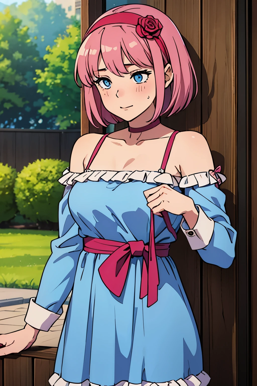 masterpiece、top-quality、top-quality、Photorealsitic、perfect anatomia、face perfect、perfect eyes、 Videldbs Pink Dress, 1girl in, solo, A dark-haired, doress, blue eyess, shairband, shorth hair, pink dress, florals, roses, red hairband, plein air、blushing cheeks、The clothes are fluffy、I'm embarrassed