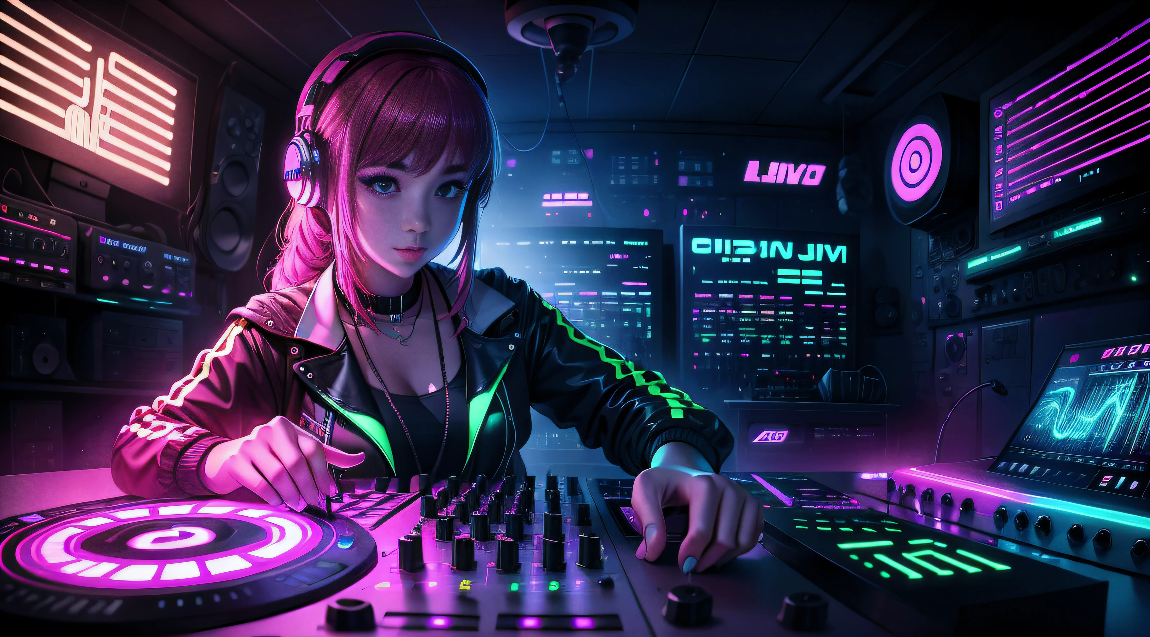 Detailed DJ girl DJ controller with neon lights, Super vibrant musical lights.