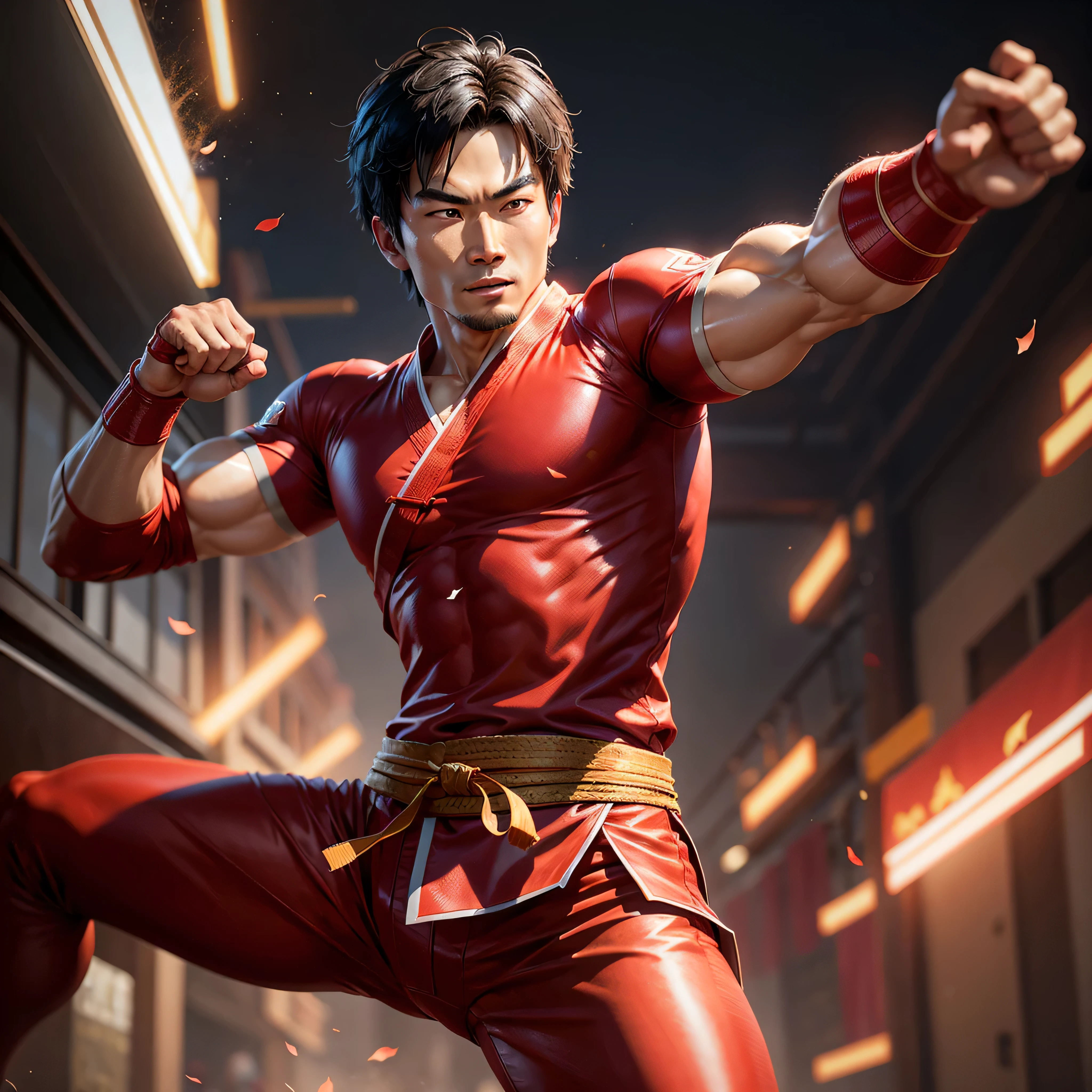 Chinese Guy Shang Chi_Super Hero, Karate pose, Red clothes, Chinese clothes, photo-realistic, octane render, unreal engine, ultra-realistic