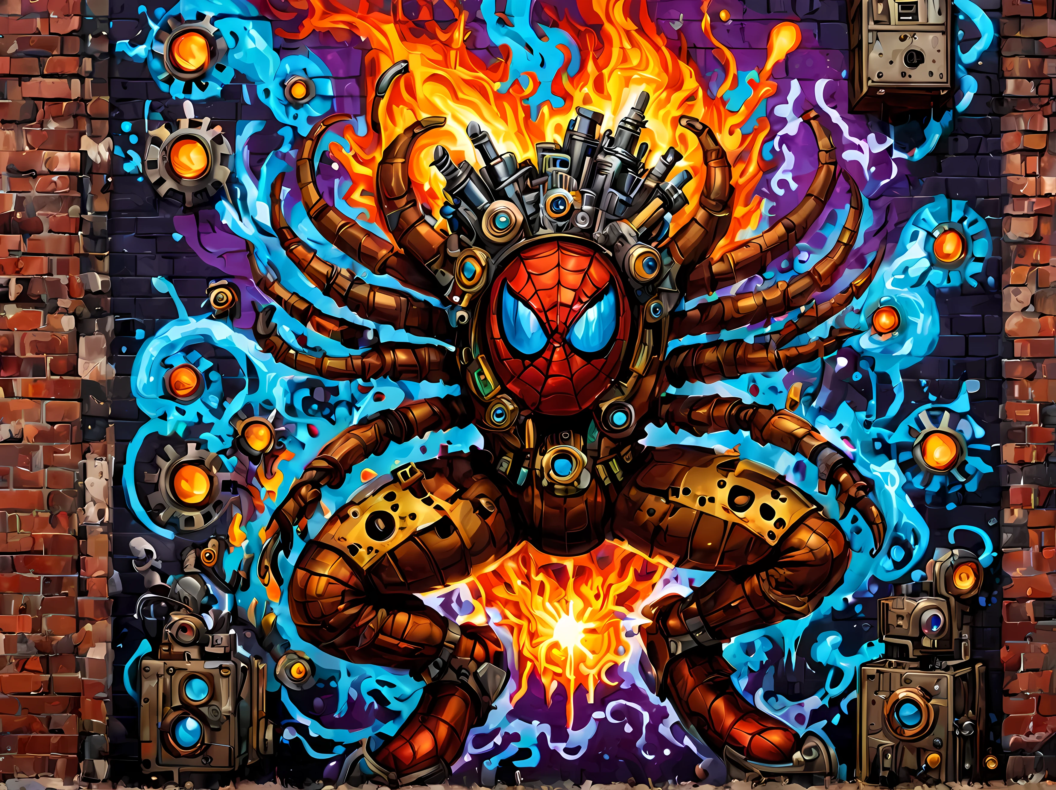 (pixel art:1.4), made of elemental_graffiti, design a mesmerizing ((((wall graffiti)))) featuring heroic Spider-Man in a dynamic pose, (steampunk fantasy style:1.3), whimsical machinery, gears, steam, bold and vibrant colors, romantic night sky, magic, intricate details, symbols, abstract, realism, sharp focus, masterpiece in maximum 16K resolution, sharp details, elemental art, graffiti art. | ((More_Detail))
