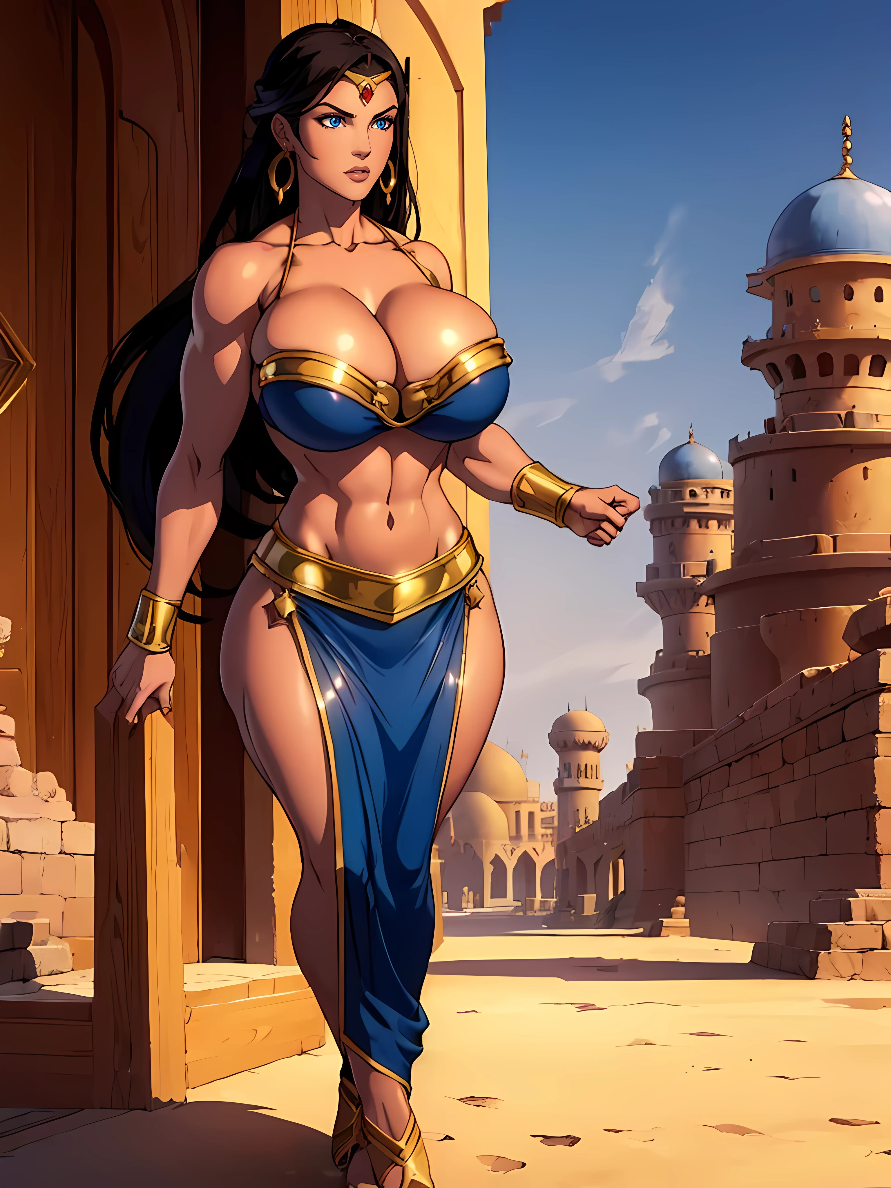 (((((Massive Female Bodybuilder))))), , ,
((((Muscular Quadriceps)))), , ,
1, , (masterpiece, top quality, best quality, official art, beautiful and aesthetic:1.2), (1girl:1.3), long wavy black hair, topknot, dark red skin, extremely detailed, portrait, looking at viewer, solo, (full body:0.6), detailed background, close up, mischievous eyes, (hot summer desert Arabia theme:1.1), Persian (((((djinn))))) woman, dark makeup, charlatan, smirk, mysterious, walking in desert, revealing black and gold Arabian attire, open vest, long wispy tail, genie lamp, jewelry, armlets, elaborate necklaces, blue fabric, gold jewelry, precious stones, magic lamp, ((((gigantic breasts, cleavage, skindentation)))), large hips, slim waist, long legs, ancient (Arabian palace exterior:1.1) background, dark mysterious lighting, shadows, magical atmosphere, dutch angle,