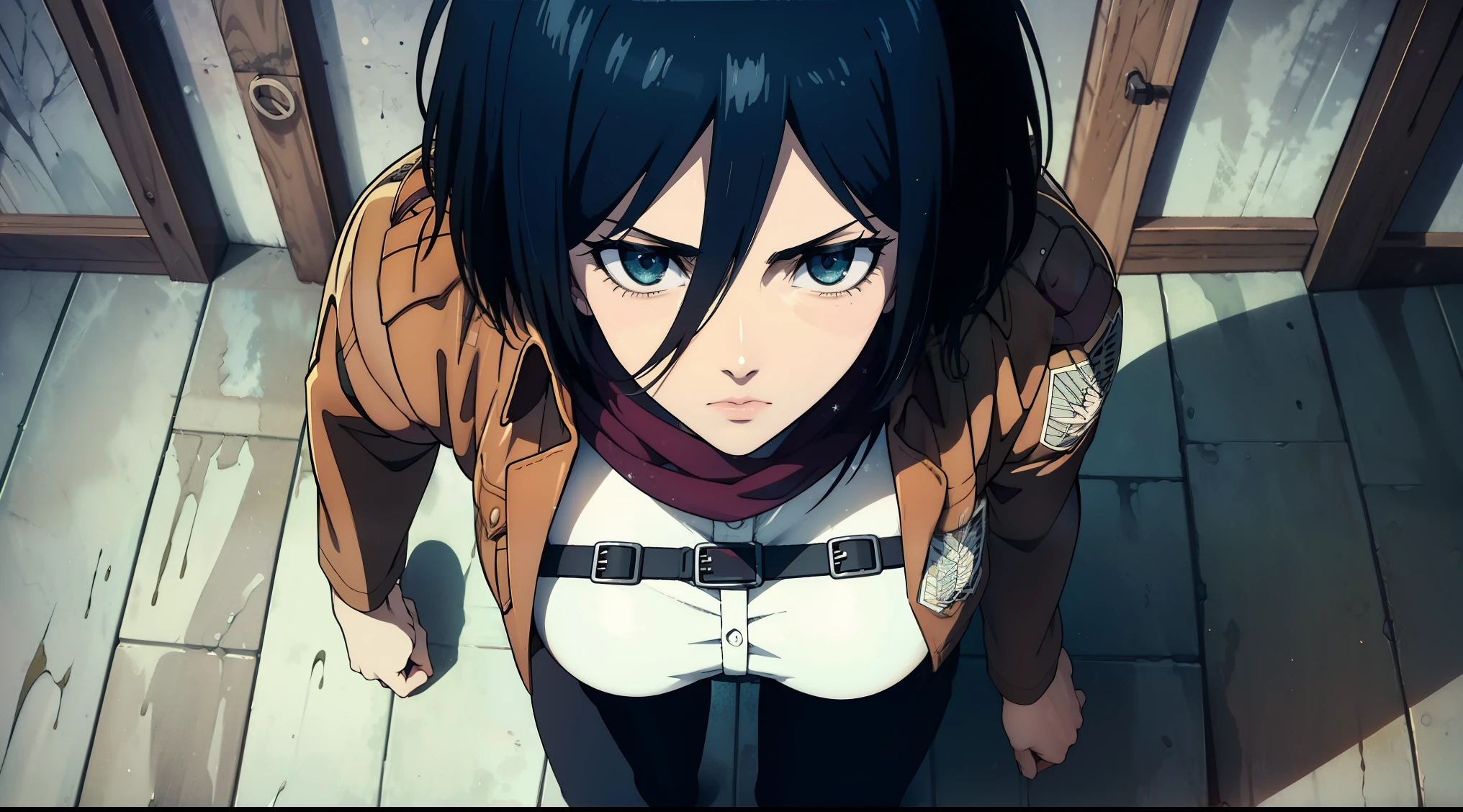 ultra style, attacking titan, Mikasa Ackerman, 1 girl,(whole body 1.1), Wrist band, Hair, black hair, Black pants, Chest, green eyes, gray background, Hair between the eyes, turnstiles, long sleeves, looking at the audience, average breasts,, Breeches, red scarf, a scarf, shirt, short hair hairstyle, smokes, solo, belt, brown jacket, 白shirt, Research Building \(emblem\), ((masterpiece)), best quality, gender, rogue, waist, leg exercise, buttocks, Chest, (whole body 1.1), camera from above, View of the frame from above, night, lamp, looking at the audience, 微lol, 咧嘴lol, criminal, lol, Cool anime 8K, Clean and detailed anime art, 4k comic wallpaper, Detailed portrait of anime girl, Anime 4K style, Anime Art Wallpaper 4k, 动漫艺术壁纸4Kmasterpiece, Gorgeous, best quality,
