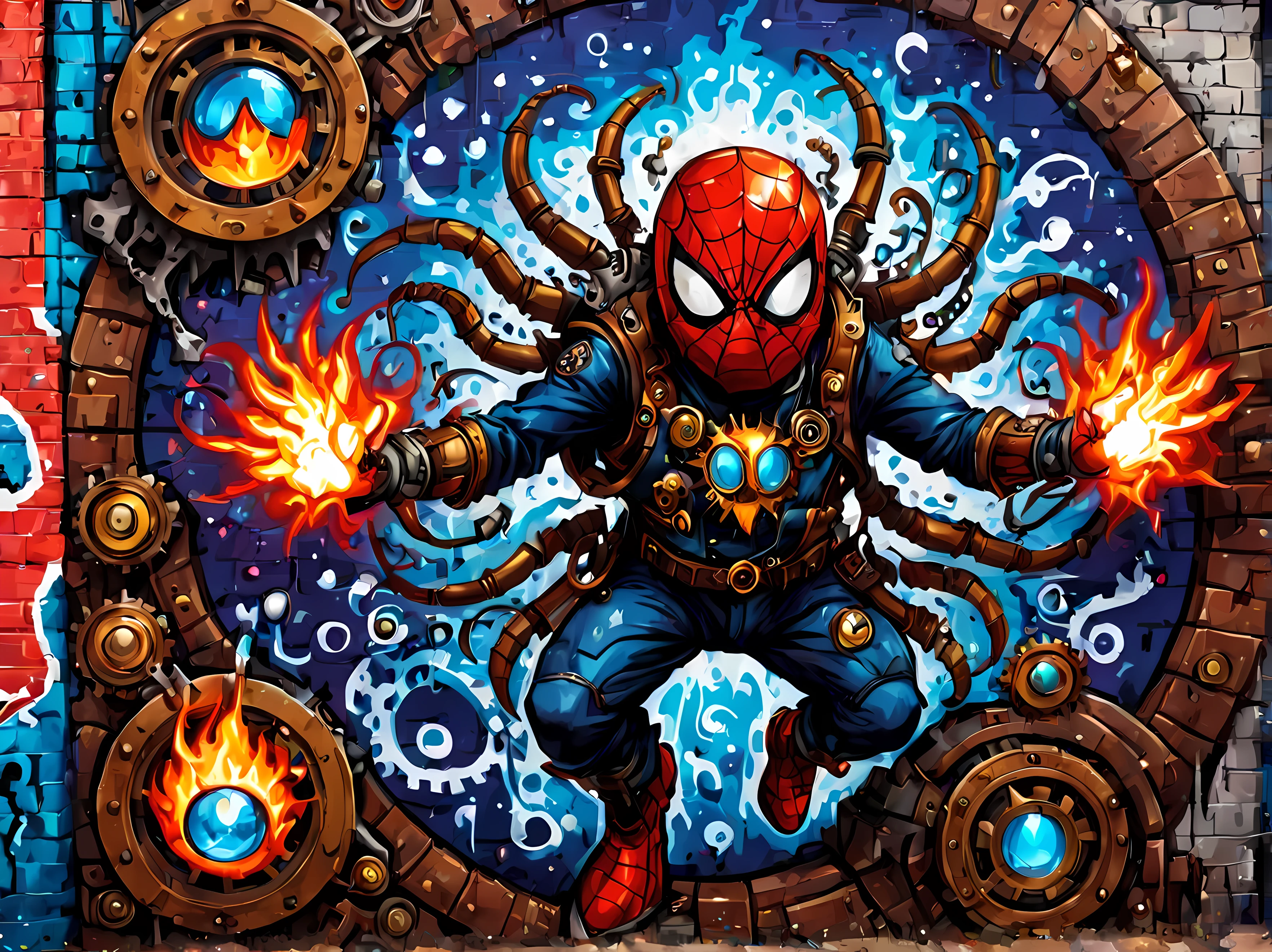 (pixel art:1.4), made of elemental_graffiti, design a mesmerizing ((((wall graffiti)))) featuring heroic Spider-Man in a dynamic pose, (steampunk fantasy style:1.3), whimsical machinery, gears, steam, bold and vibrant colors, romantic night sky, magic, intricate details, symbols, abstract, realism, sharp focus, masterpiece in maximum 16K resolution, sharp details, elemental art, graffiti art. | ((More_Detail))
