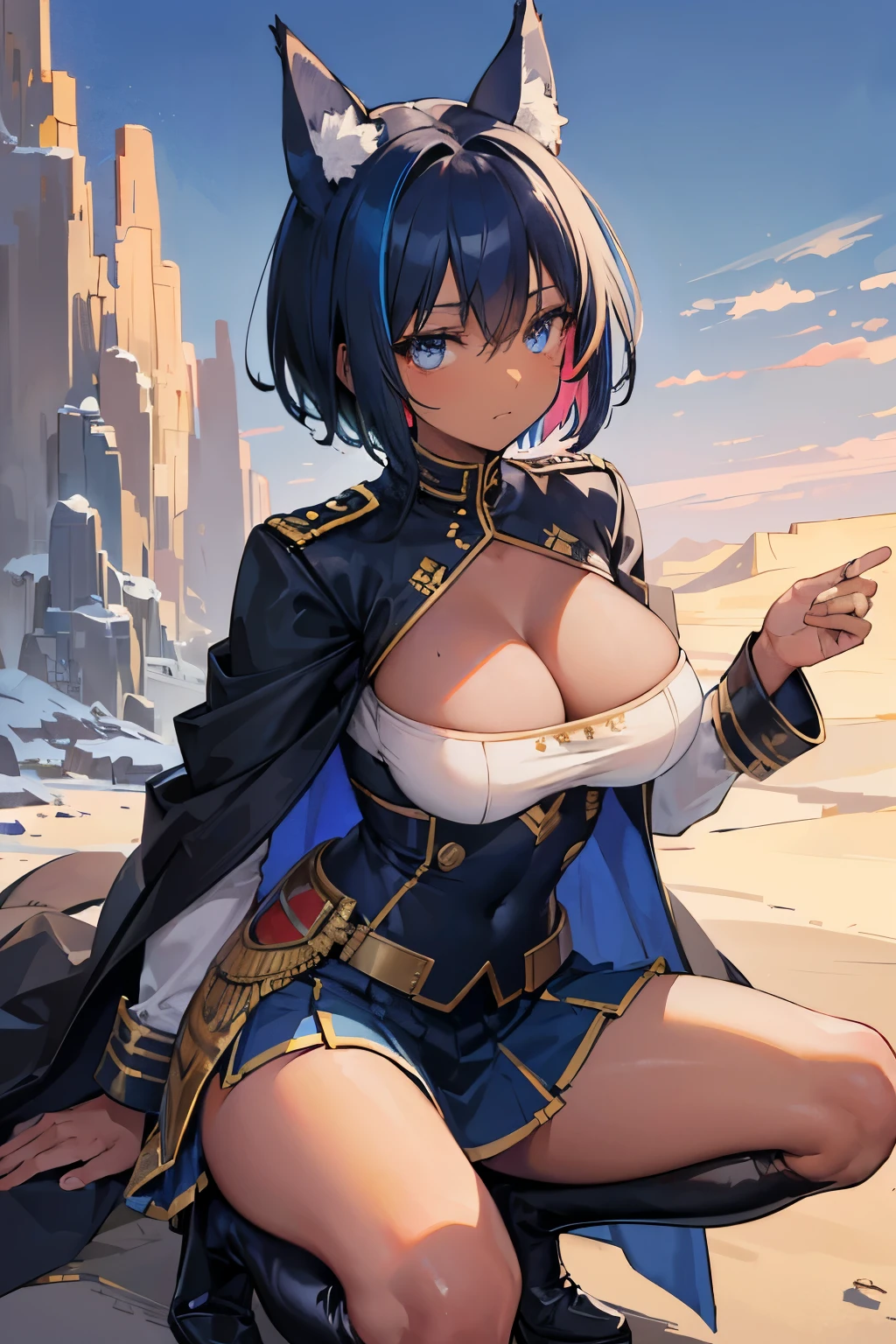 (masterpiece, best quality:1.2), illustration, 8k, hd, solo, 1girl, ((tan, dark skin)), black hair, blue eyes, Egyptian, hair ornaments, large breasts, ((wolf ears, short hair,)) voluptuous, coat, military uniform, skirt, armlet, thigh high boots, outdoors, desert, cowboy shot, multicolored hair, blue streaked hair, squatting,