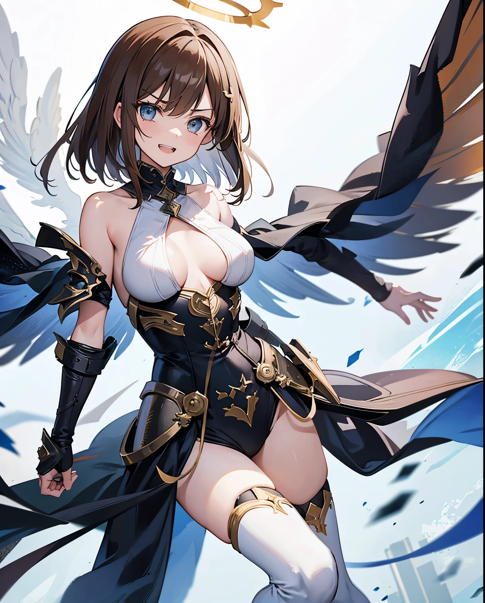 fantasy, 1angel_girl,, ,brown_hair, medium_bob_hair, long_bangs, halo,bare_shoulder,thighhighs,silver_armor, waist_armor, large_breasts,angry,grinning,open_mouth_teeth, 1pair_wings, dynamic_pose_fighting,floating, bare_crotch, headgear,gauntlet, greaves,city_sky_background,slightly_spread_legs, solo, groin_naked,