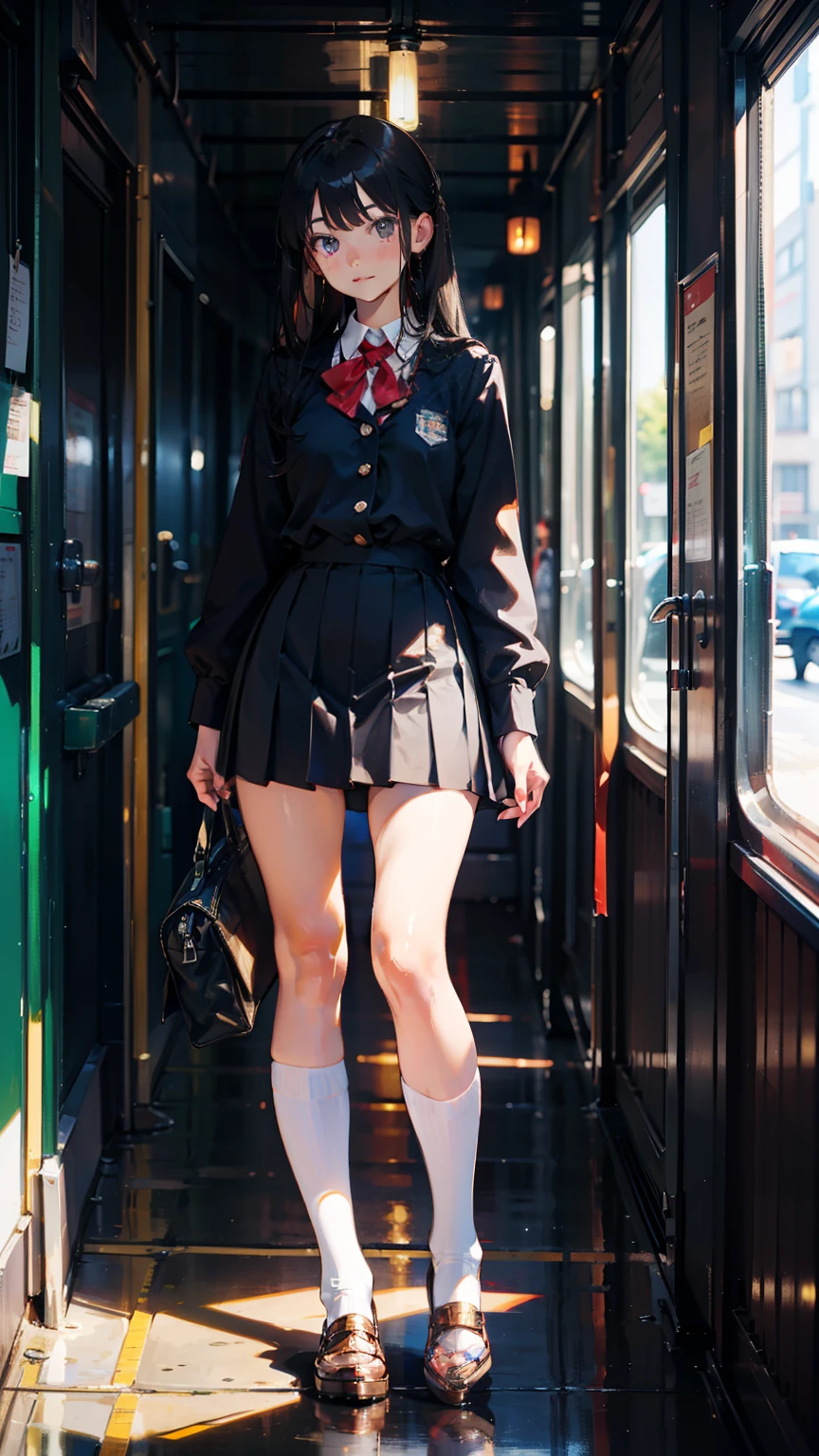 highest quality, full body portrait, delicate face, cute face, 17 year old female, slim body shape, small bust, high school uniform,double skirt suit, white knee high stockings, outdoor scene,soft light on the face,A classic school building visible in the distance