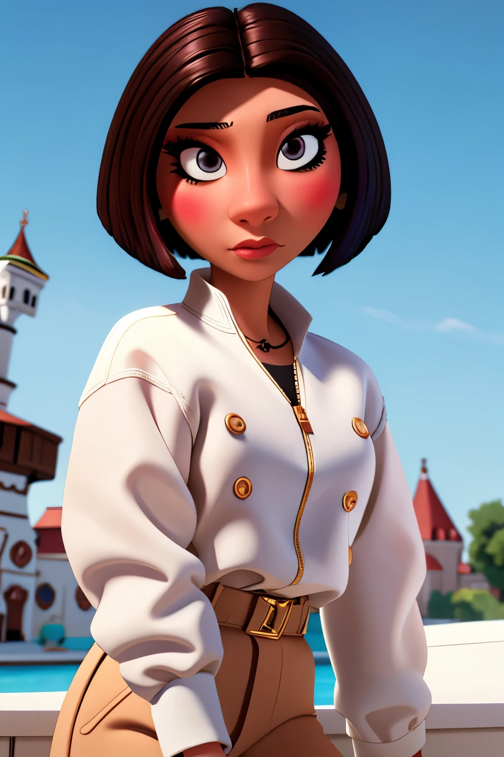 Woman with short hair Russian volume eyelashes brown eyes funkista and preppy style