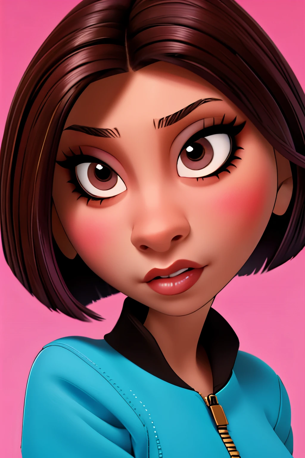 Woman with short hair Russian volume eyelashes brown eyes funkista and preppy style