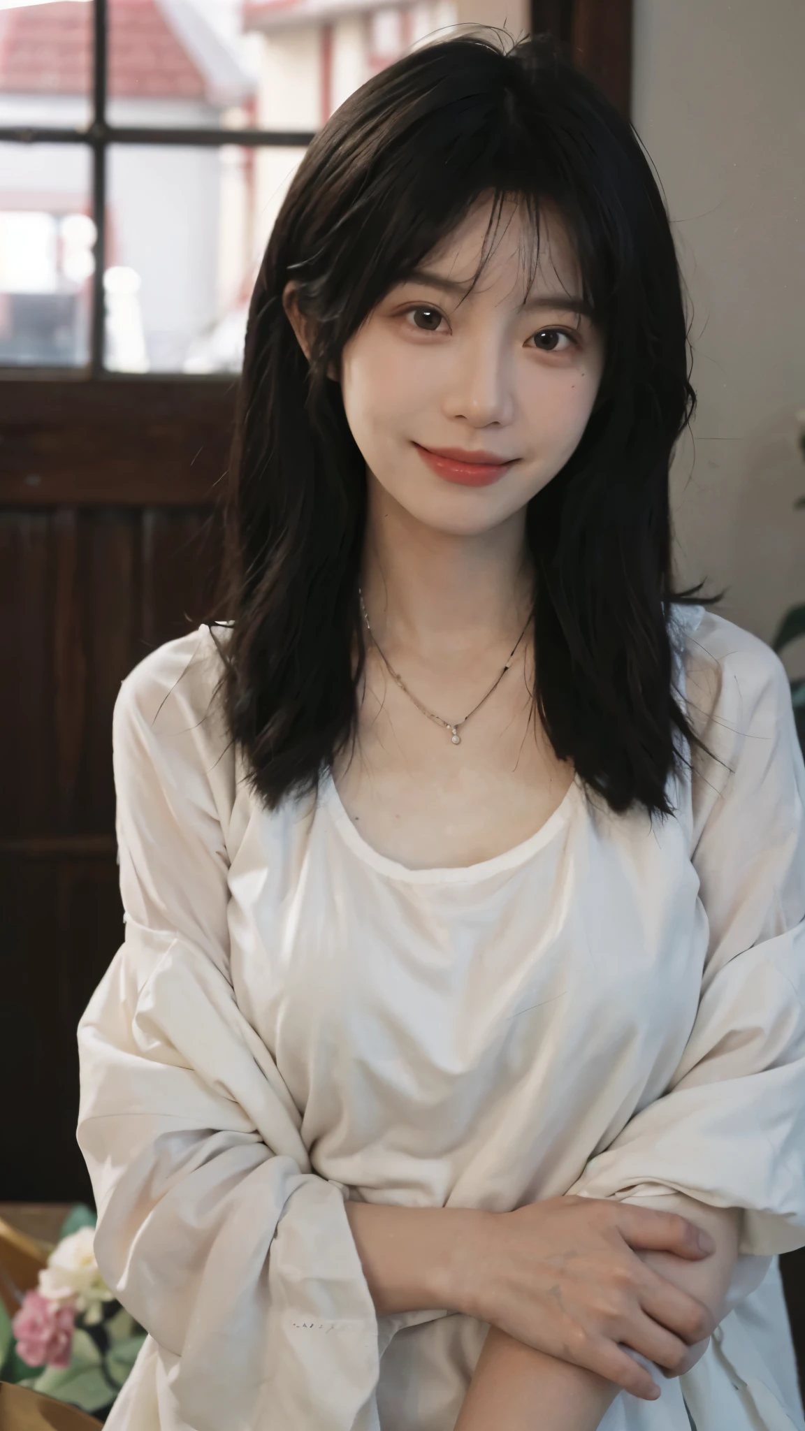 best quality, ultra high resolution, (realistically:1.4),cute hairpin,Baoyu Girl,European style apartment,A pair of clear and charming peach blossom eyes,Royal sister,The sun shines on the face,(Big breasts:1.4),Big wavy hairstyle,(necklace:1.2),(White skin:1.4),a sense of atmosphere,a beautiful girl, Smile,Looking directly at the viewer, (lifelike:1.4),1 girl,Sexy,(Upper body:1.4),(wet),(:1.2)