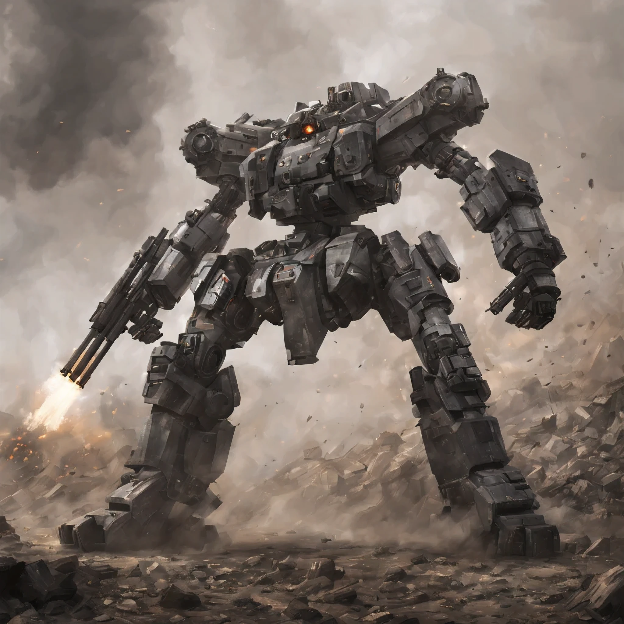 giant robot is kneeling, calm head, combat readiness, rifle, missile pod, machine gun, Huge cannon, very detailed, battlefield, fire, cigarette, explosion, super robot style,
